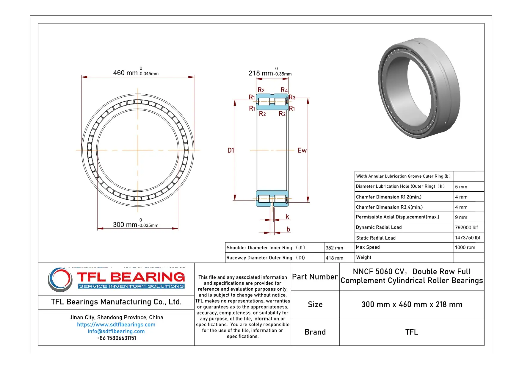 Double Row Full Complement Cylindrical Roller Bearings NNCF 5060 CV Drawing.dwg