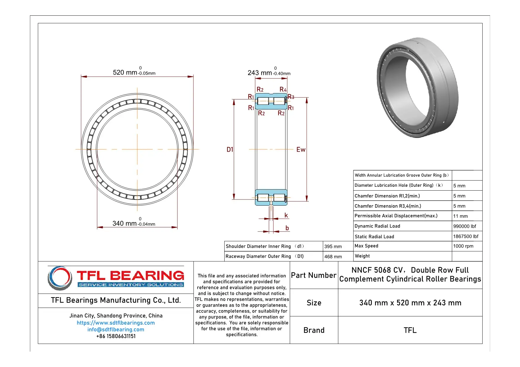 Double Row Full Complement Cylindrical Roller Bearings NNCF 5068 CV Drawing.dwg