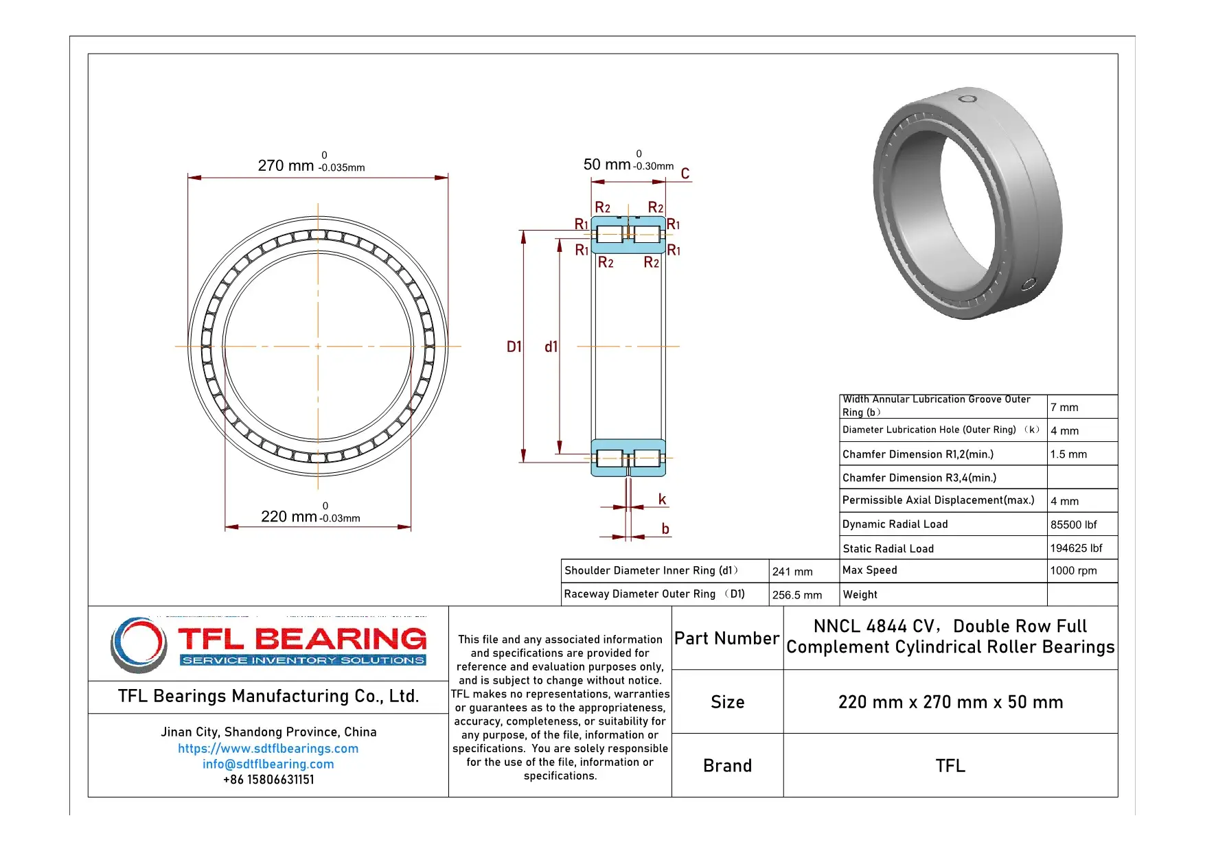 Double Row Full Complement Cylindrical Roller Bearings NNCL 4844 CV Drawing.dwg