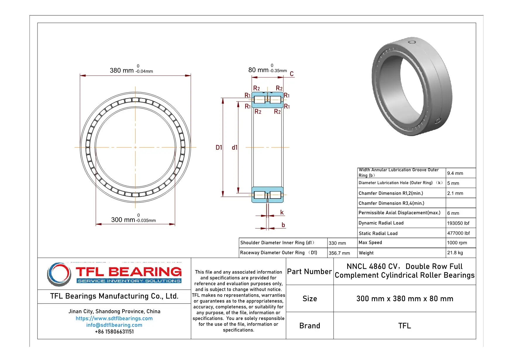 Double Row Full Complement Cylindrical Roller Bearings NNCL 4860 CV Drawing.dwg