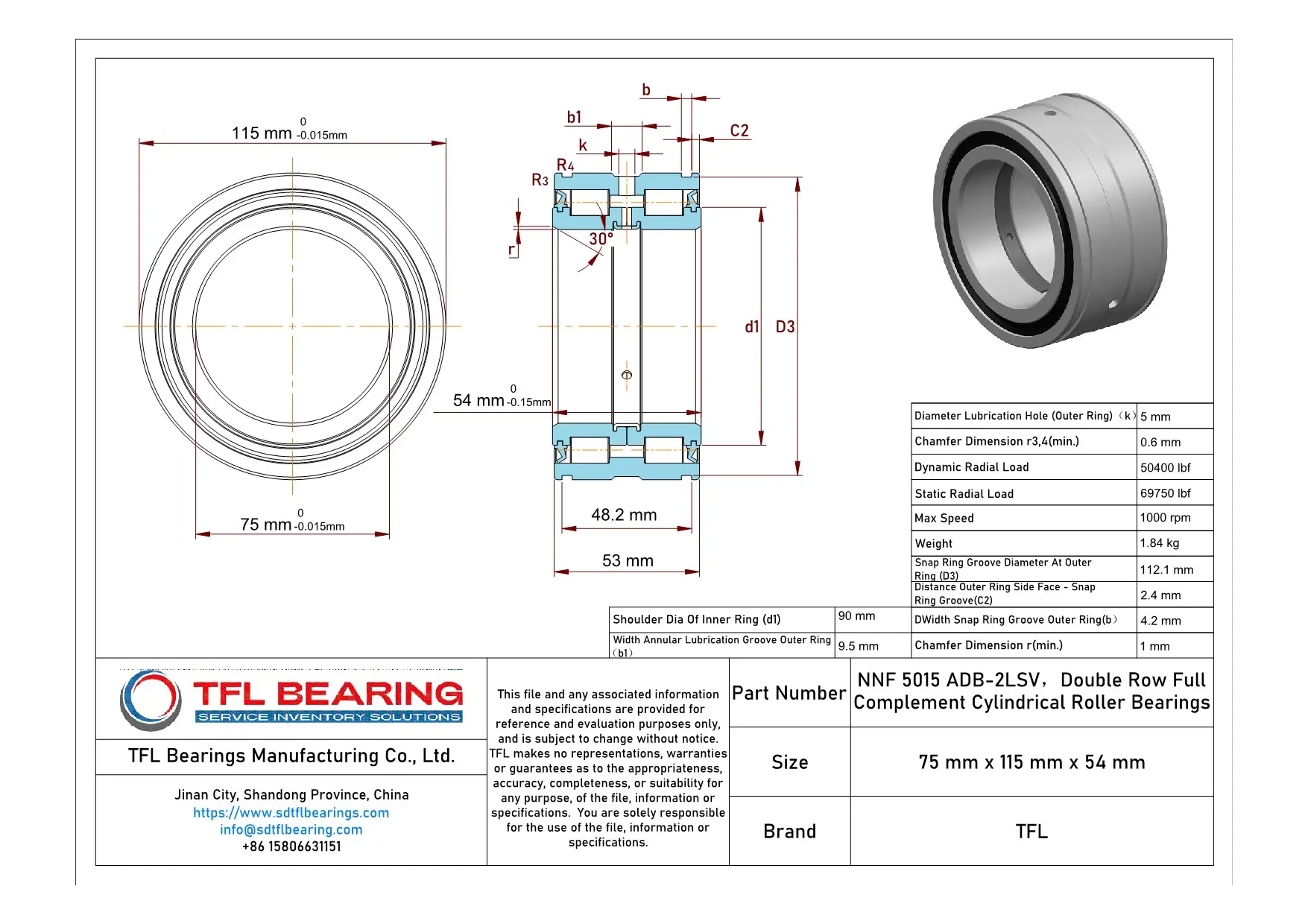 Double Row Full Complement Cylindrical Roller Bearings NNF 5015 ADB-2LSV Drawing.dwg