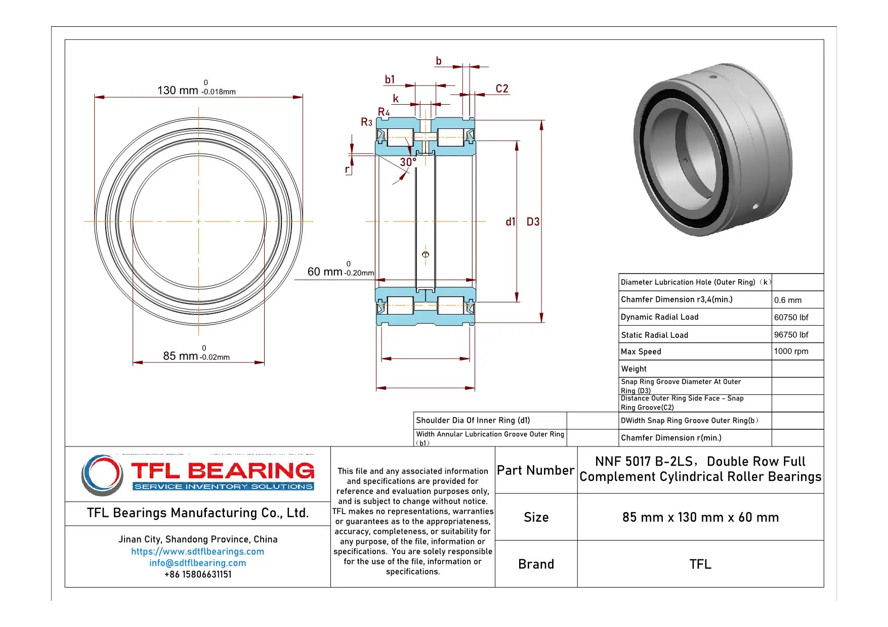 Double Row Full Complement Cylindrical Roller Bearings NNF 5017 B-2LS Drawing.dwg