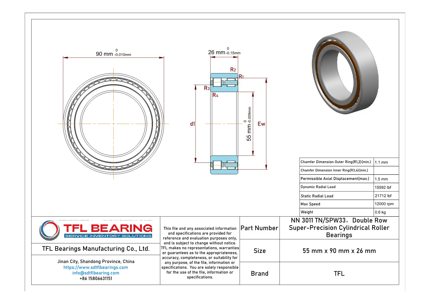 Double Row Super-Precision Cylindrical Roller Bearings NN 3011 TN/SPW33 Drawing.dwg