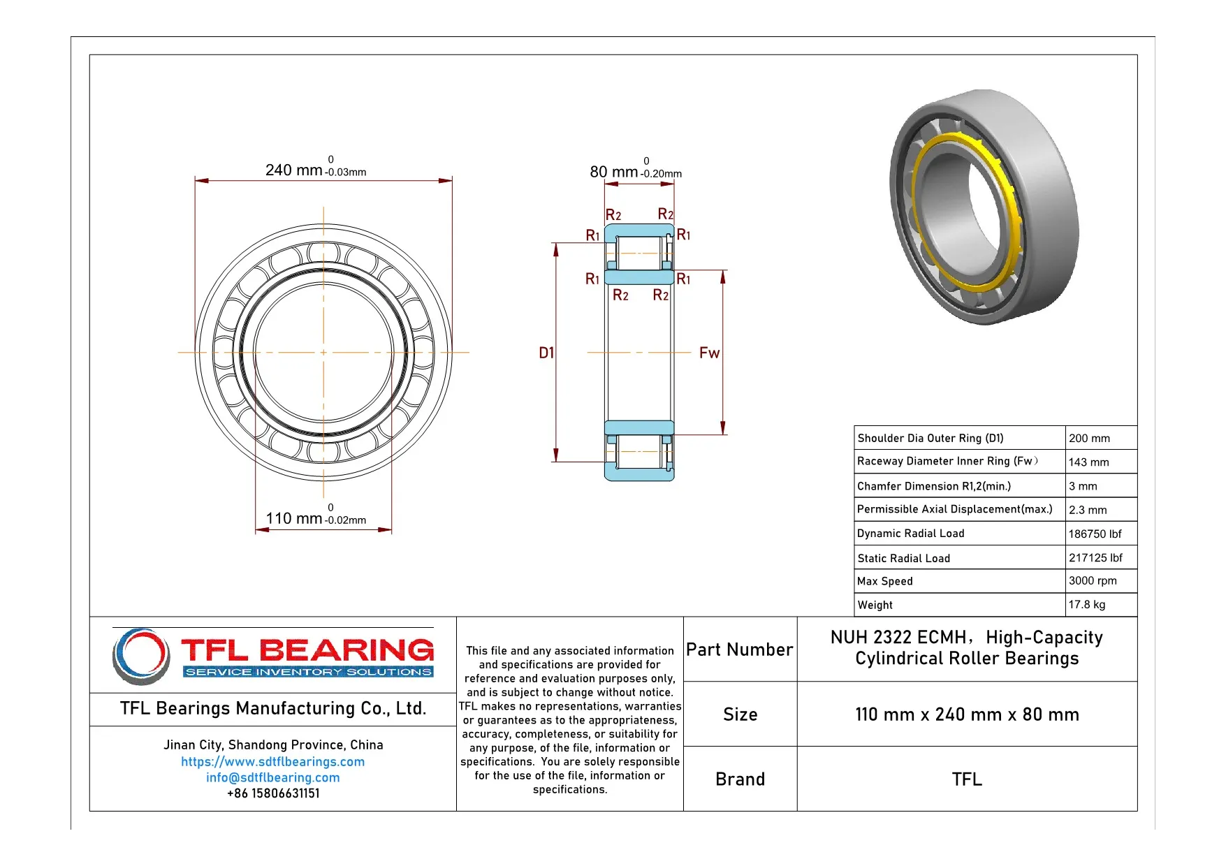 High-Capacity Cylindrical Roller Bearings NUH 2322 ECMH Drawing.dwg