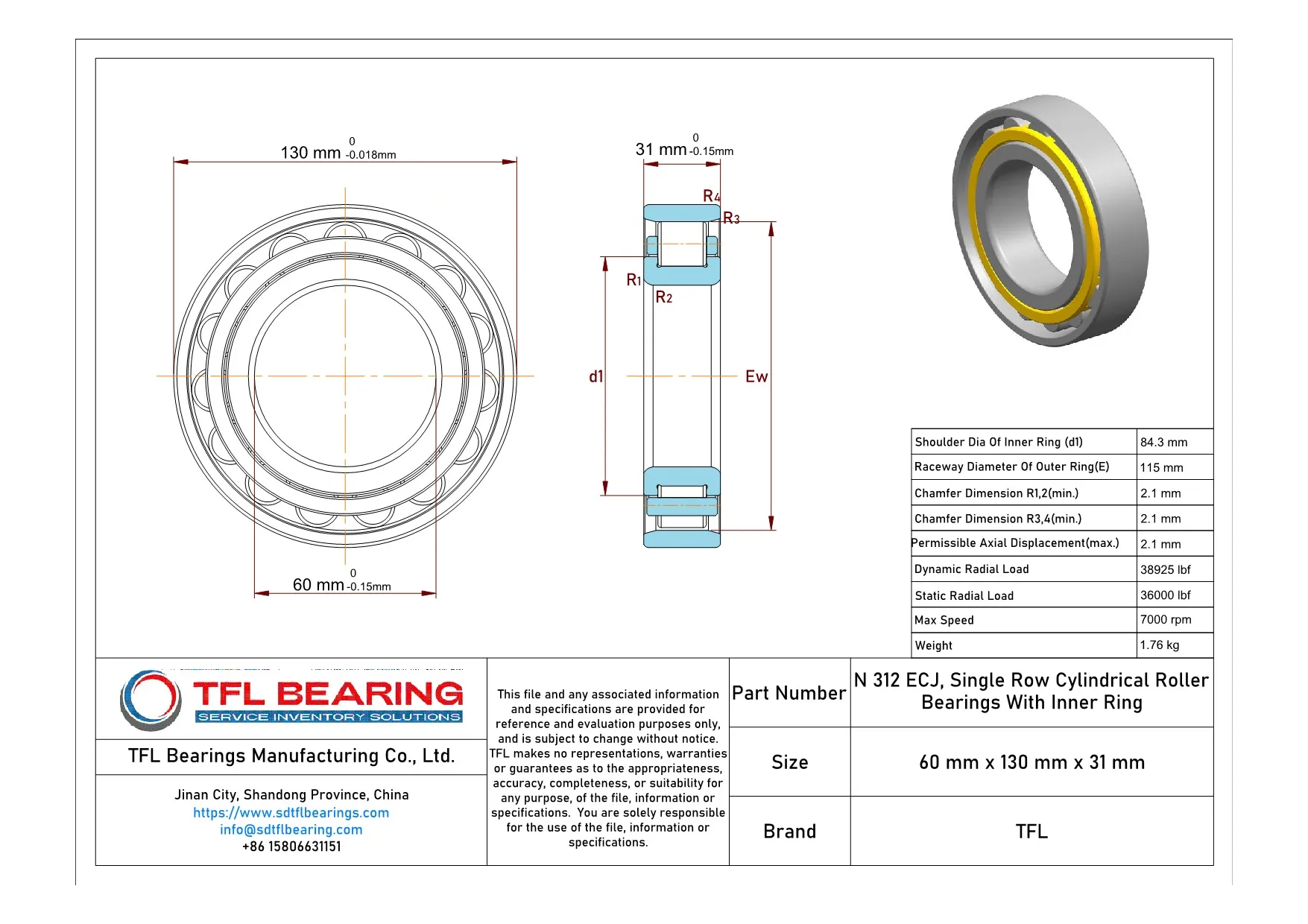 Single Row Cylindrical Roller Bearings With Inner Ring N 312 ECJ Drawing.dwg