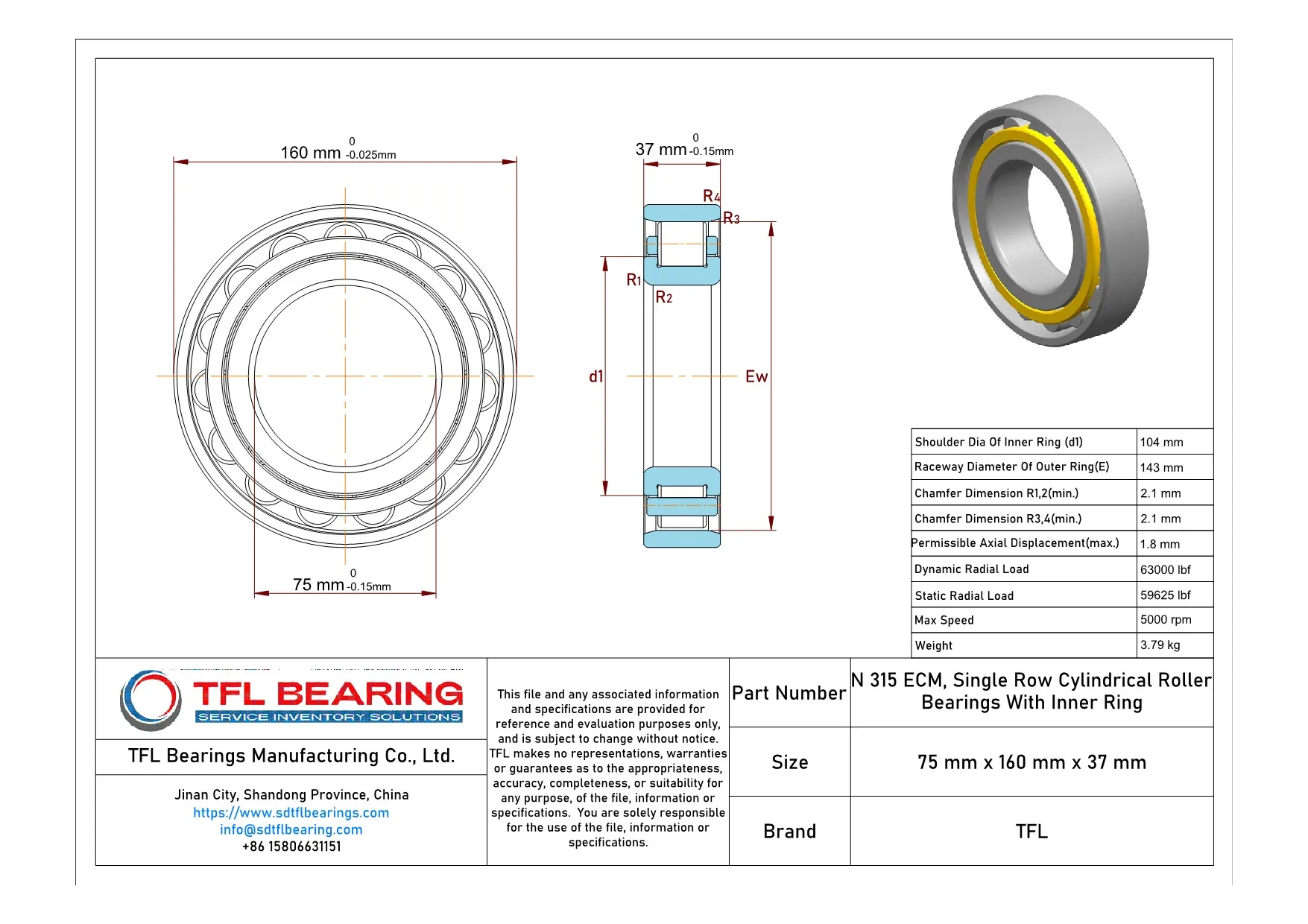 Single Row Cylindrical Roller Bearings With Inner Ring N 315 ECM Drawing.dwg
