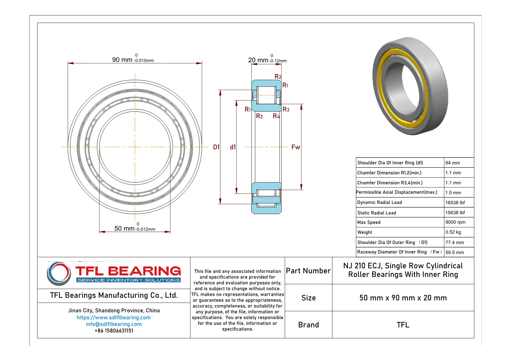 Single Row Cylindrical Roller Bearings With Inner Ring NJ 210 ECJ Drawing.dwg