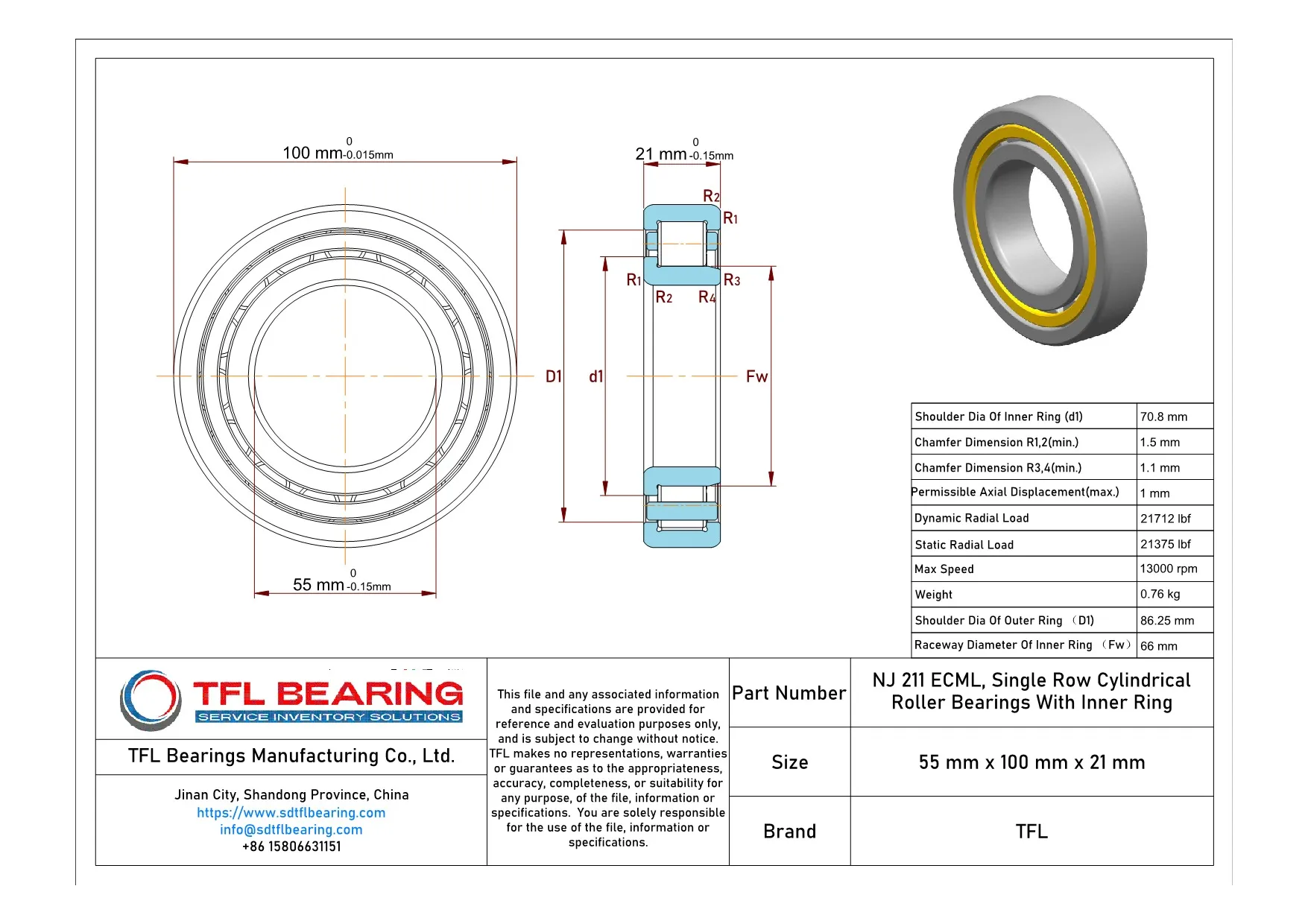 Single Row Cylindrical Roller Bearings With Inner Ring NJ 211 ECML Drawing.dwg