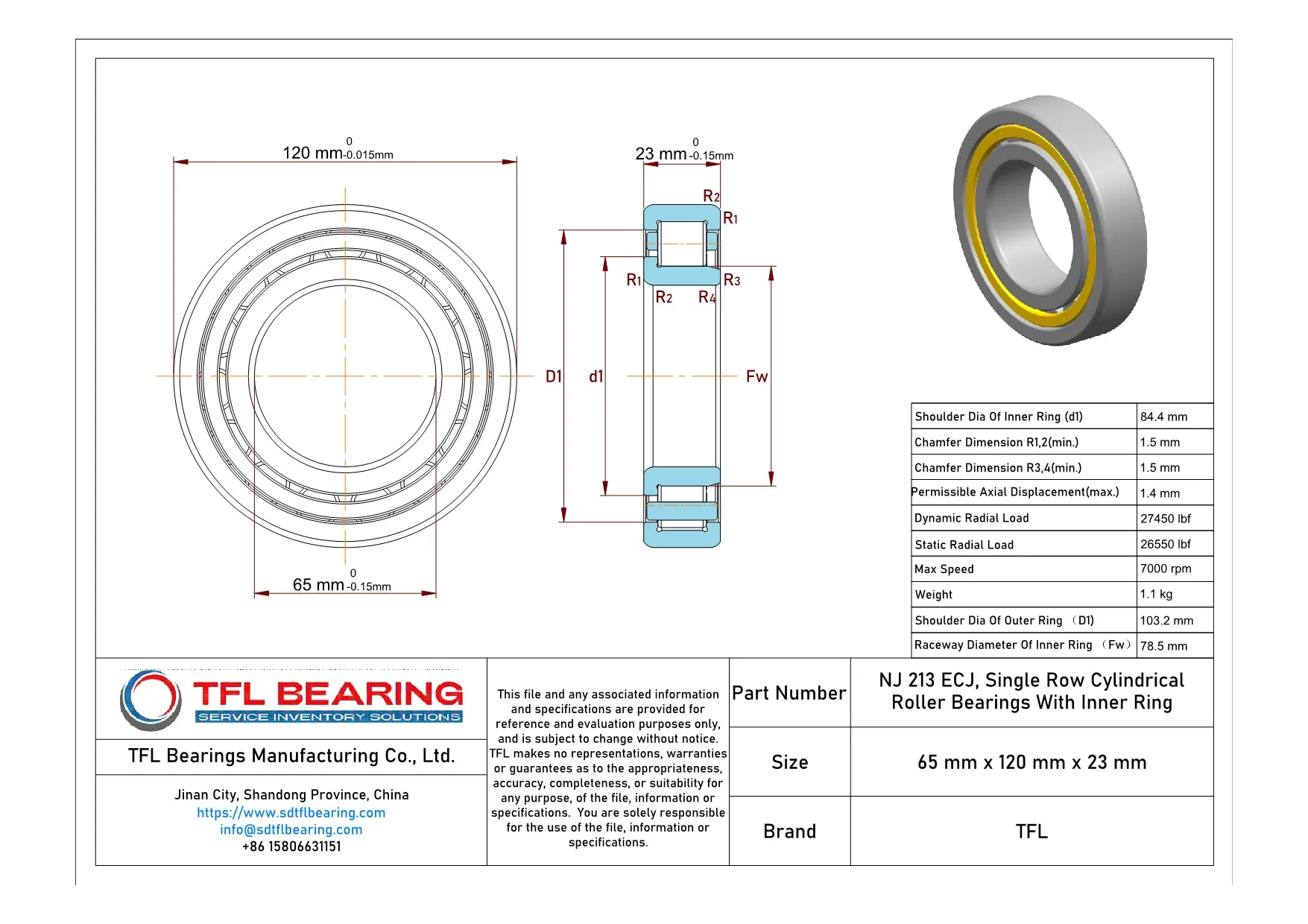Single Row Cylindrical Roller Bearings With Inner Ring NJ 213 ECJ Drawing.dwg