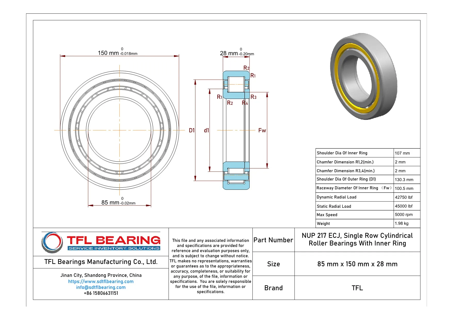 Single Row Cylindrical Roller Bearings With Inner Ring NUP 217 ECJ Drawing.dwg