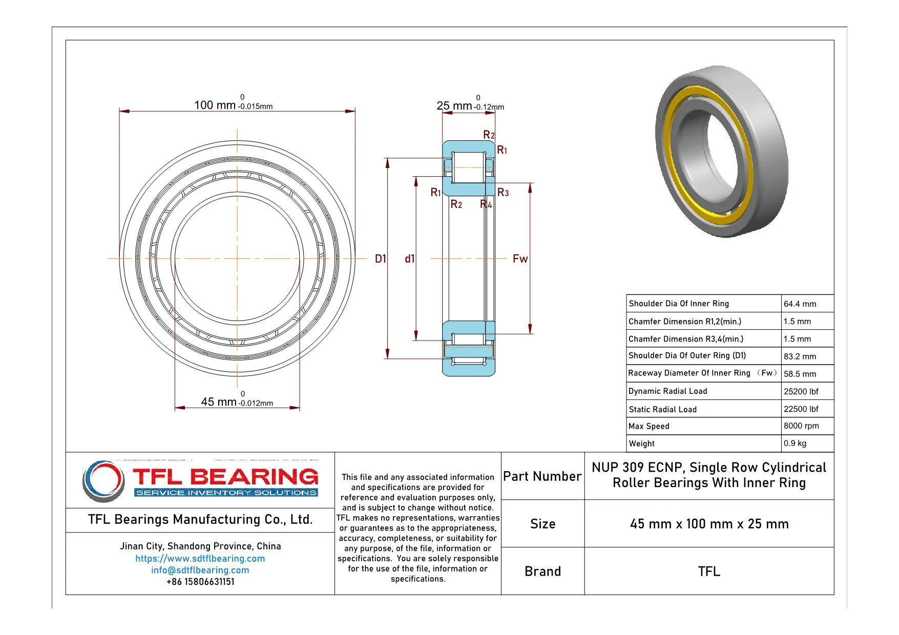 Single Row Cylindrical Roller Bearings With Inner Ring NUP 309 ECNP Drawing.dwg