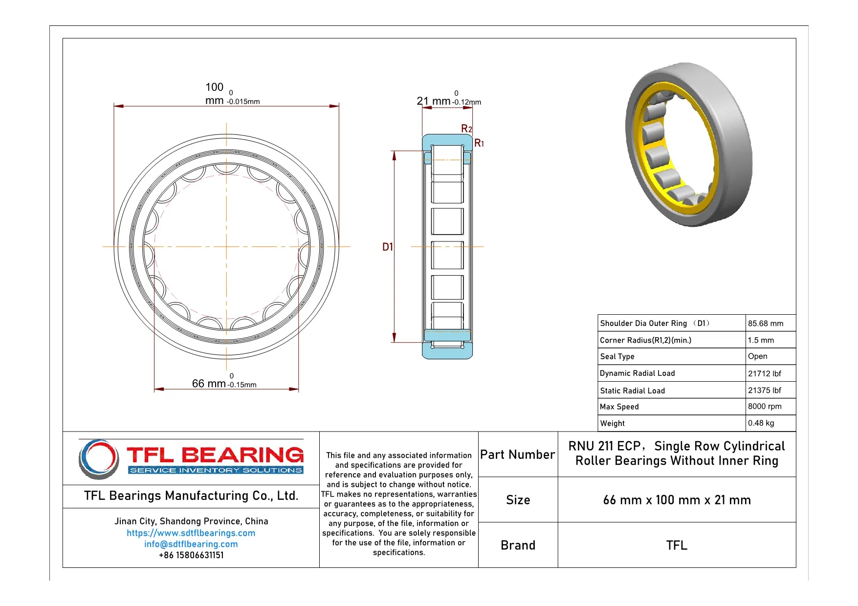 Single Row Cylindrical Roller Bearings Without Inner Ring RNU 211 ECP Drawing.dwg