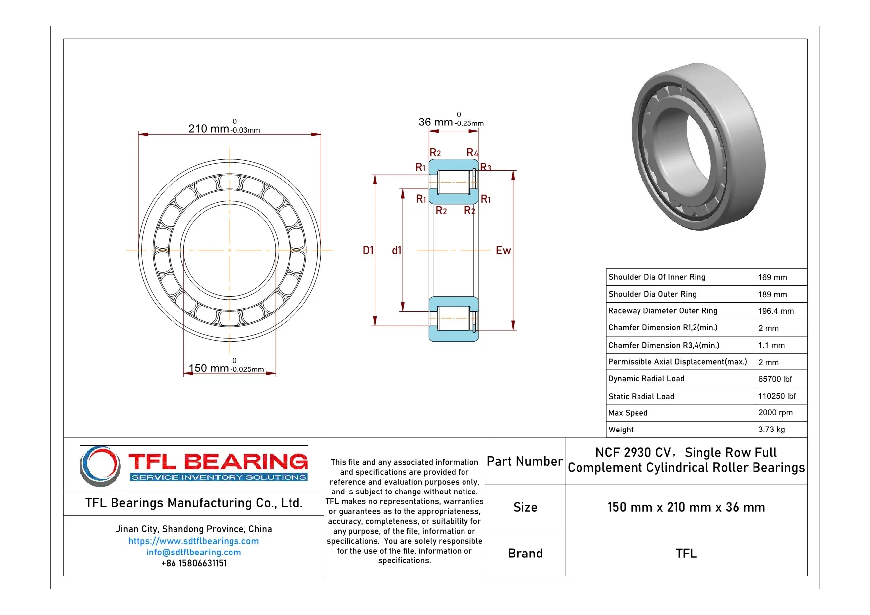 Single Row Full Complement Cylindrical Roller Bearings NCF 2930 CV Drawing.dwg