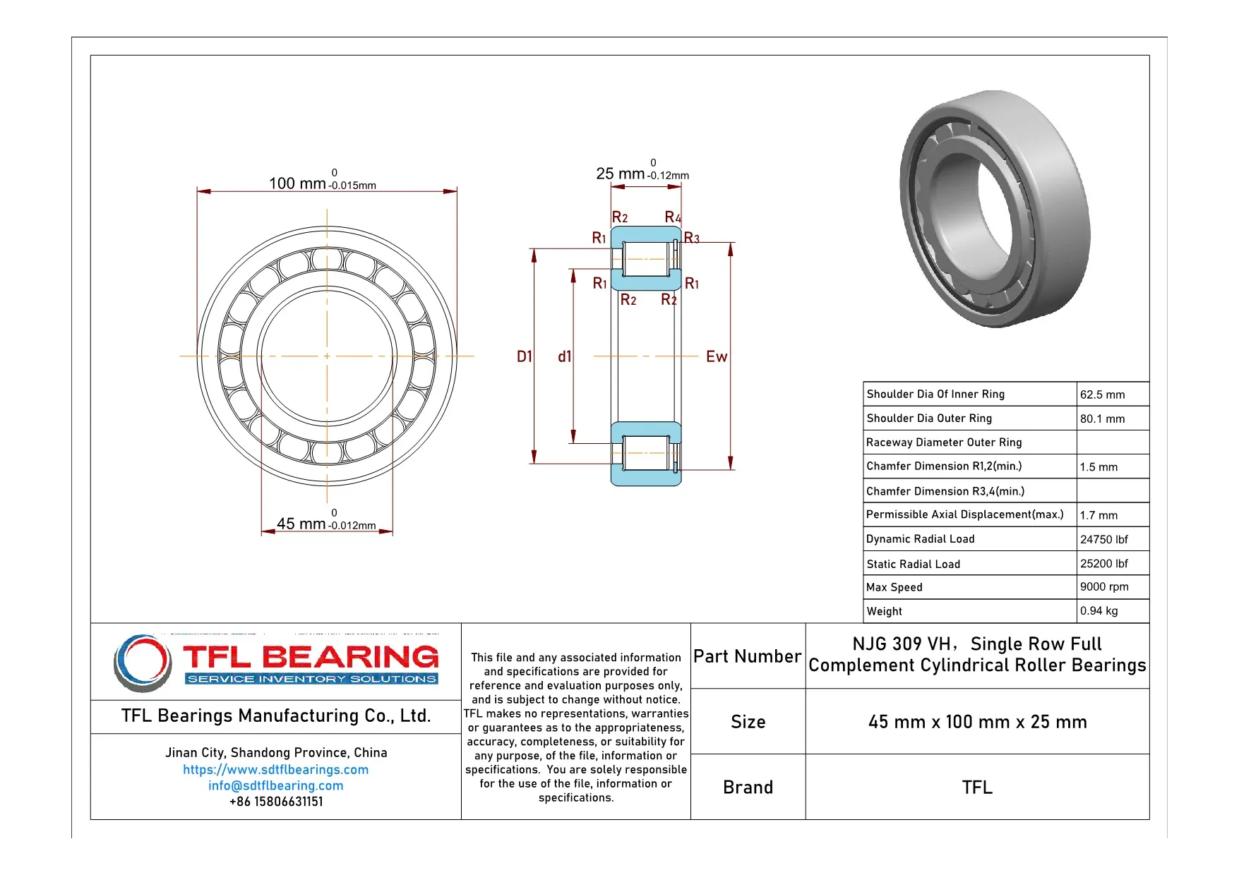 Single Row Full Complement Cylindrical Roller Bearings NJG 309 VH Drawing.dwg