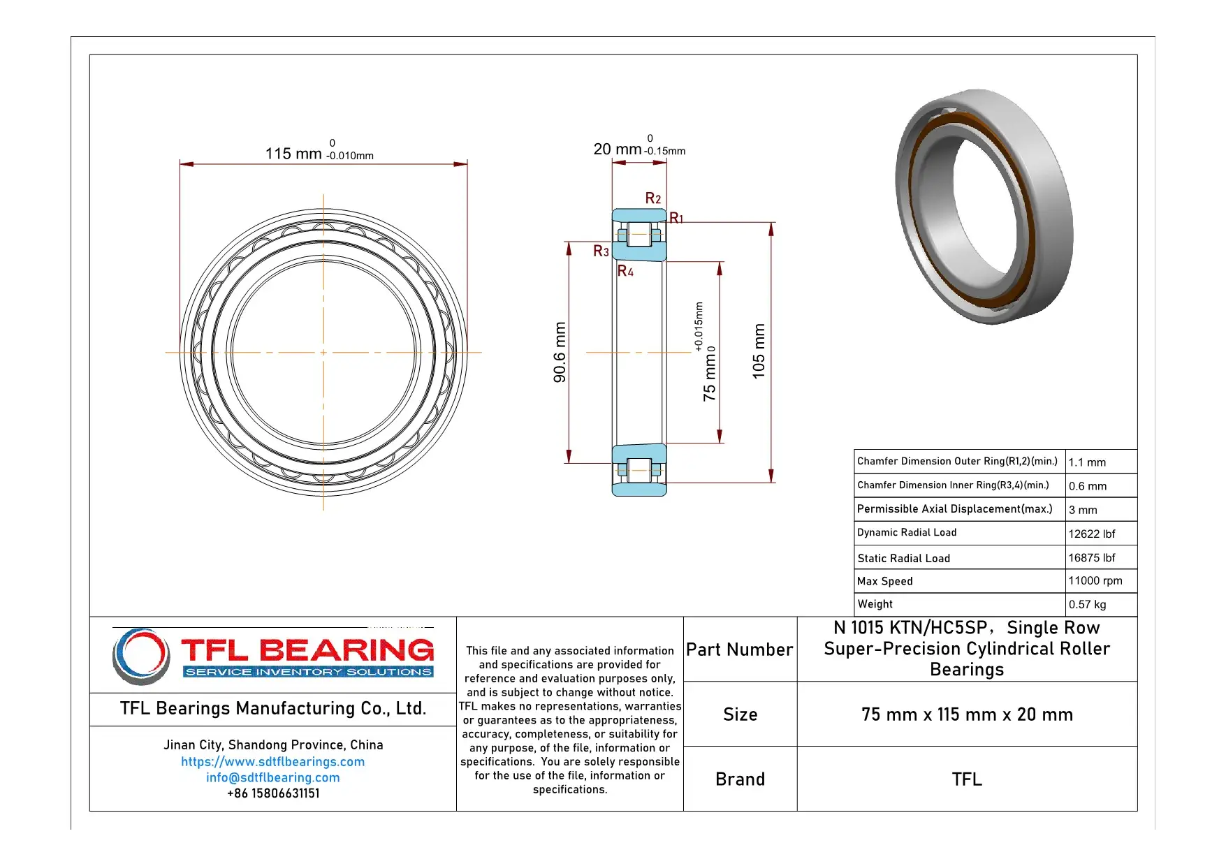 Single Row Super-Precision Cylindrical Roller Bearings N 1015 KTN/HC5SP Drawing.dwg