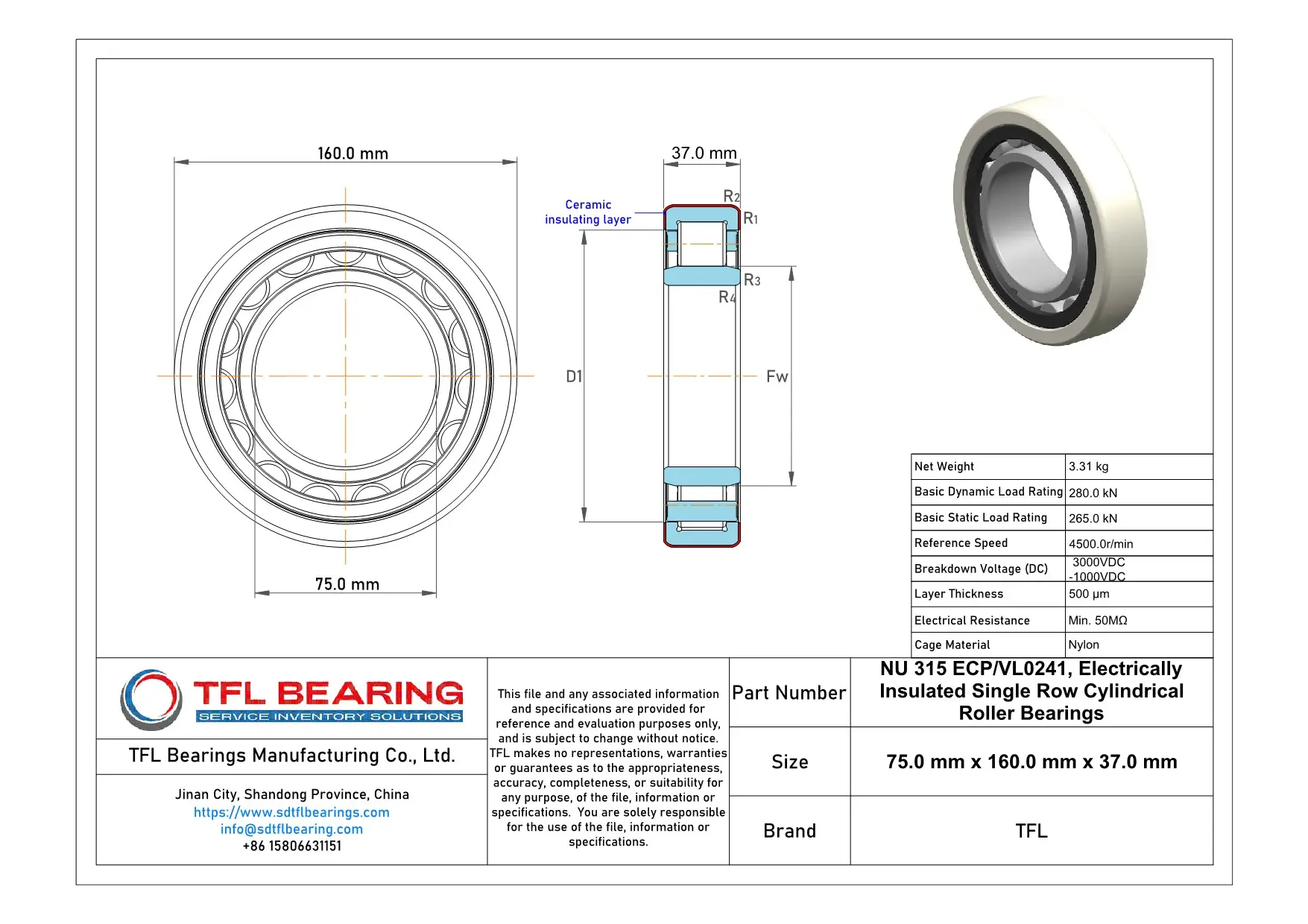 Electrically Insulated Single Row Cylindrical Roller Bearings NU 315 ECP/VL0241 Drawing.dwg