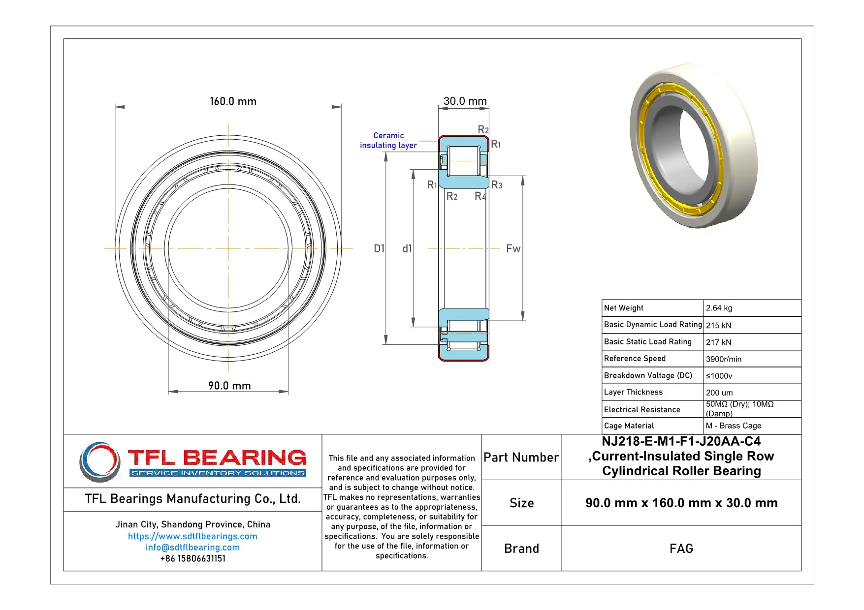 FAG Current-Insulated Single Row Cylindrical Roller Bearing NJ218-E-M1-F1-J20AA-C4 Drawing.dwg