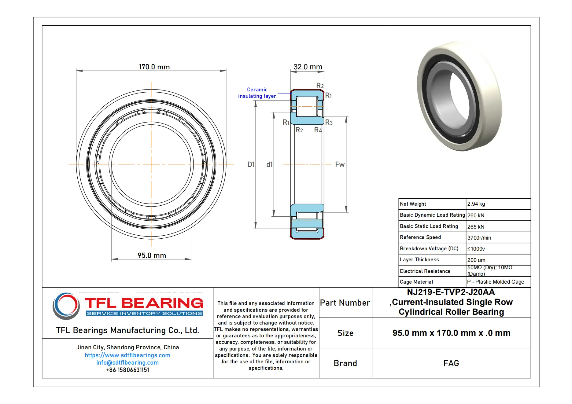 FAG Current-Insulated Single Row Cylindrical Roller Bearing NJ219-E-TVP2-J20AA Drawing.dwg
