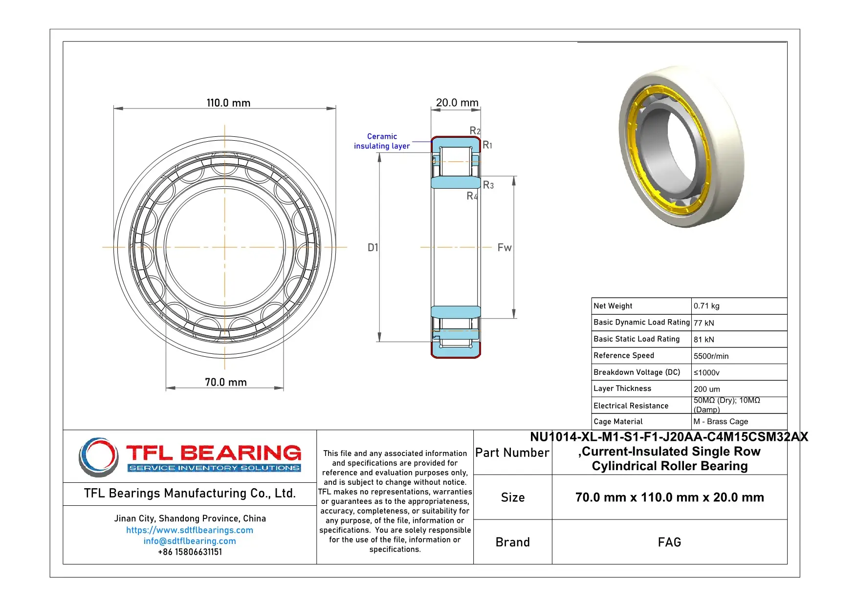 FAG Current-Insulated Single Row Cylindrical Roller Bearing NU1014-XL-M1-S1-F1-J20AA-C4M15CSM32AX Drawing.dwg
