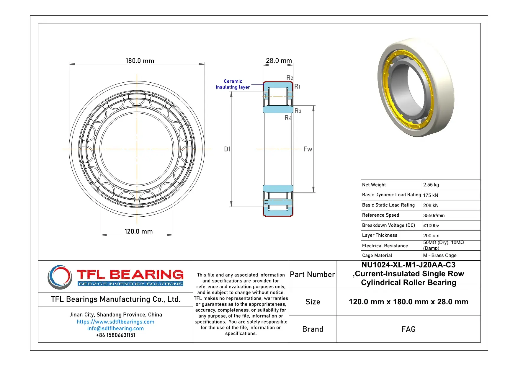 FAG Current-Insulated Single Row Cylindrical Roller Bearing NU1024-XL-M1-J20AA-C3 Drawing.dwg