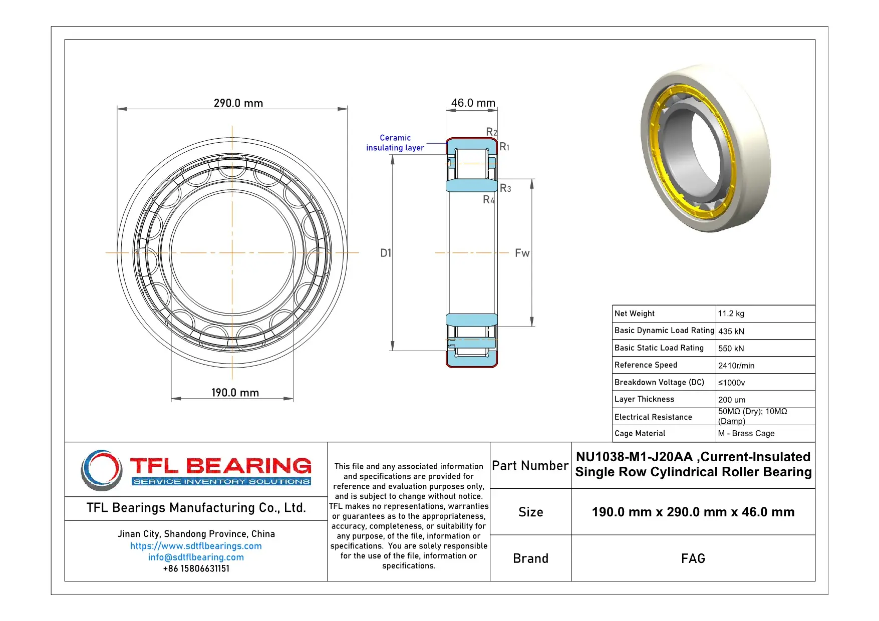 FAG Current-Insulated Single Row Cylindrical Roller Bearing NU1038-M1-J20AA Drawing.dwg