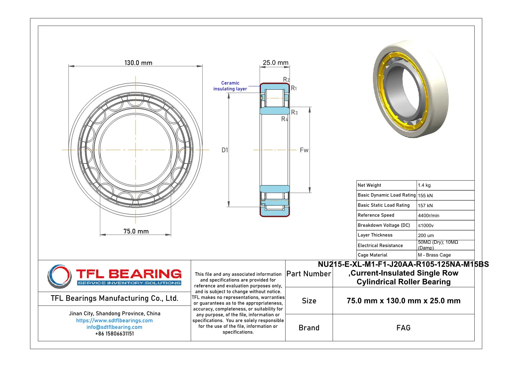 FAG Current-Insulated Single Row Cylindrical Roller Bearing NU215-E-XL-M1-F1-J20AA-R105-125NA-M15BS Drawing.dwg