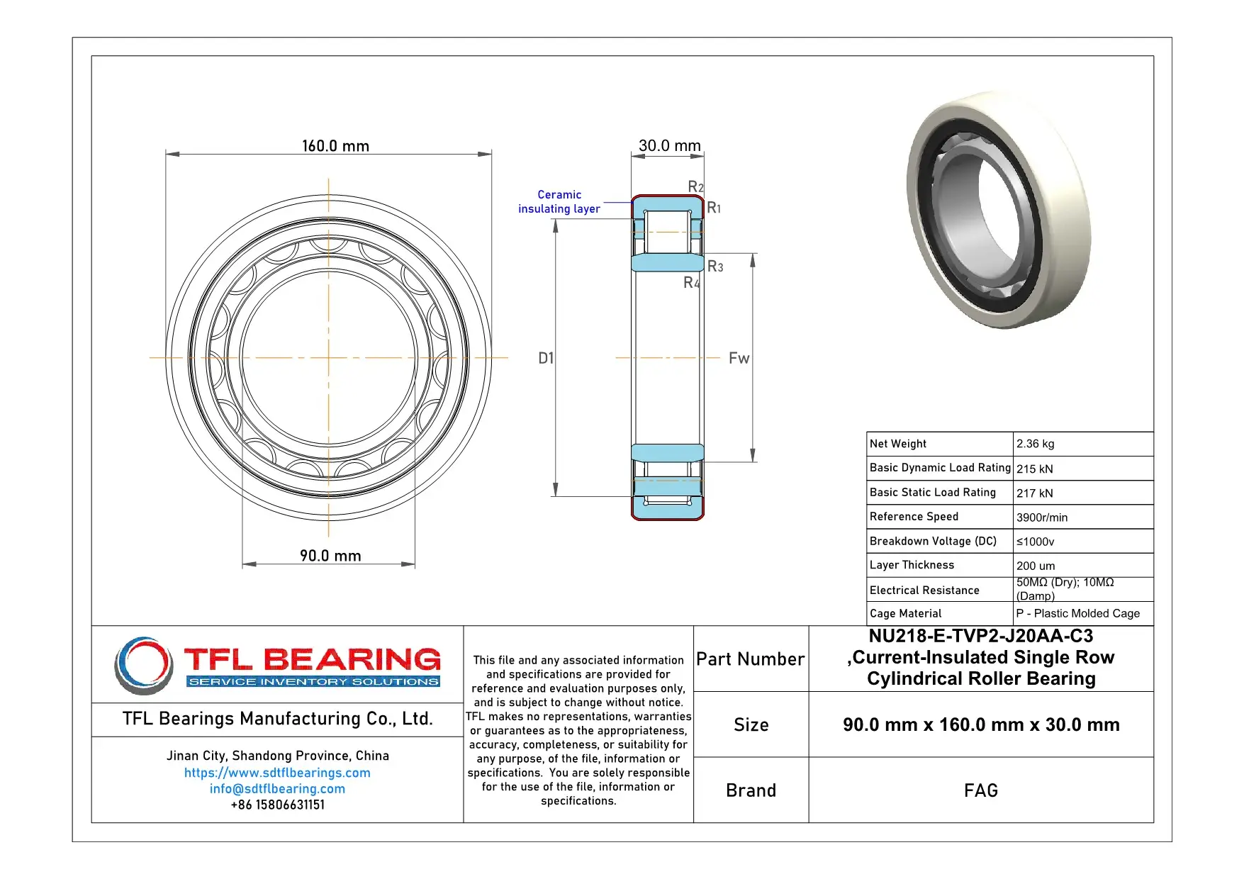 FAG Current-Insulated Single Row Cylindrical Roller Bearing NU218-E-TVP2-J20AA-C3 Drawing.dwg