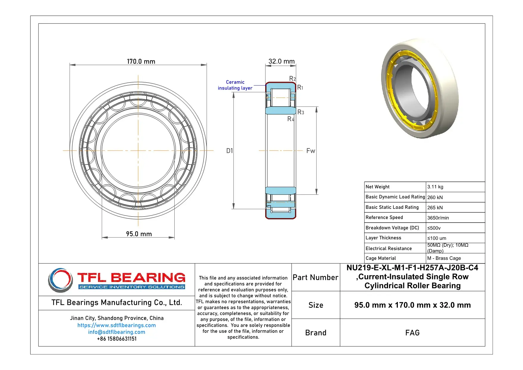 FAG Current-Insulated Single Row Cylindrical Roller Bearing NU219-E-XL-M1-F1-H257A-J20B-C4 Drawing.dwg