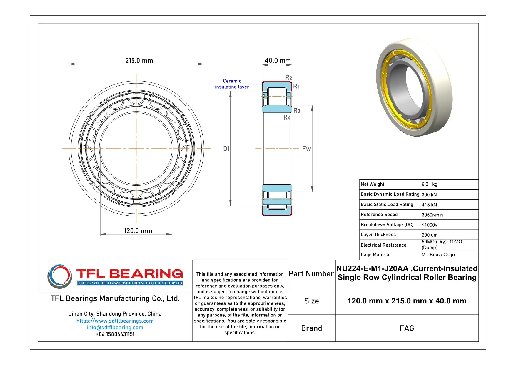 FAG Current-Insulated Single Row Cylindrical Roller Bearing NU224-E-M1-J20AA Drawing.dwg