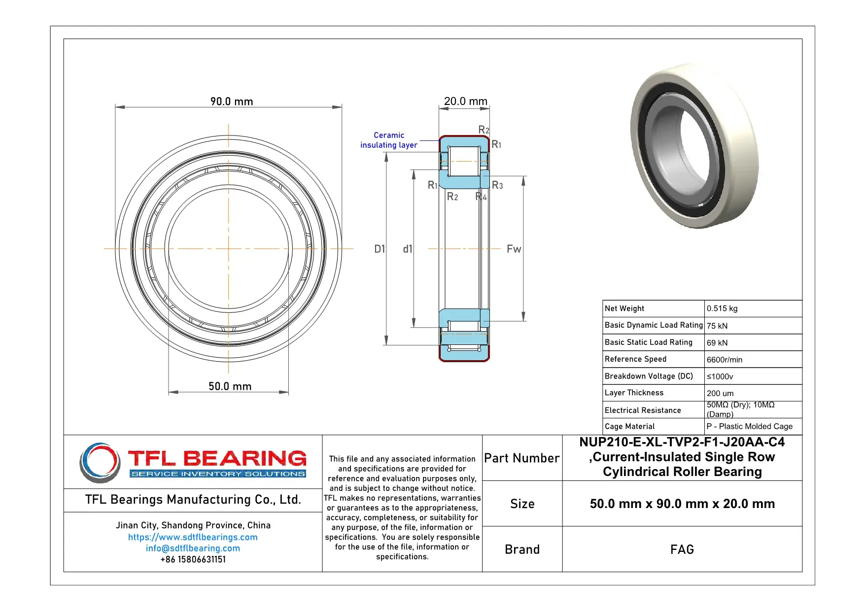 FAG Current-Insulated Single Row Cylindrical Roller Bearing NUP210-E-XL-TVP2-F1-J20AA-C4 Drawing.dwg