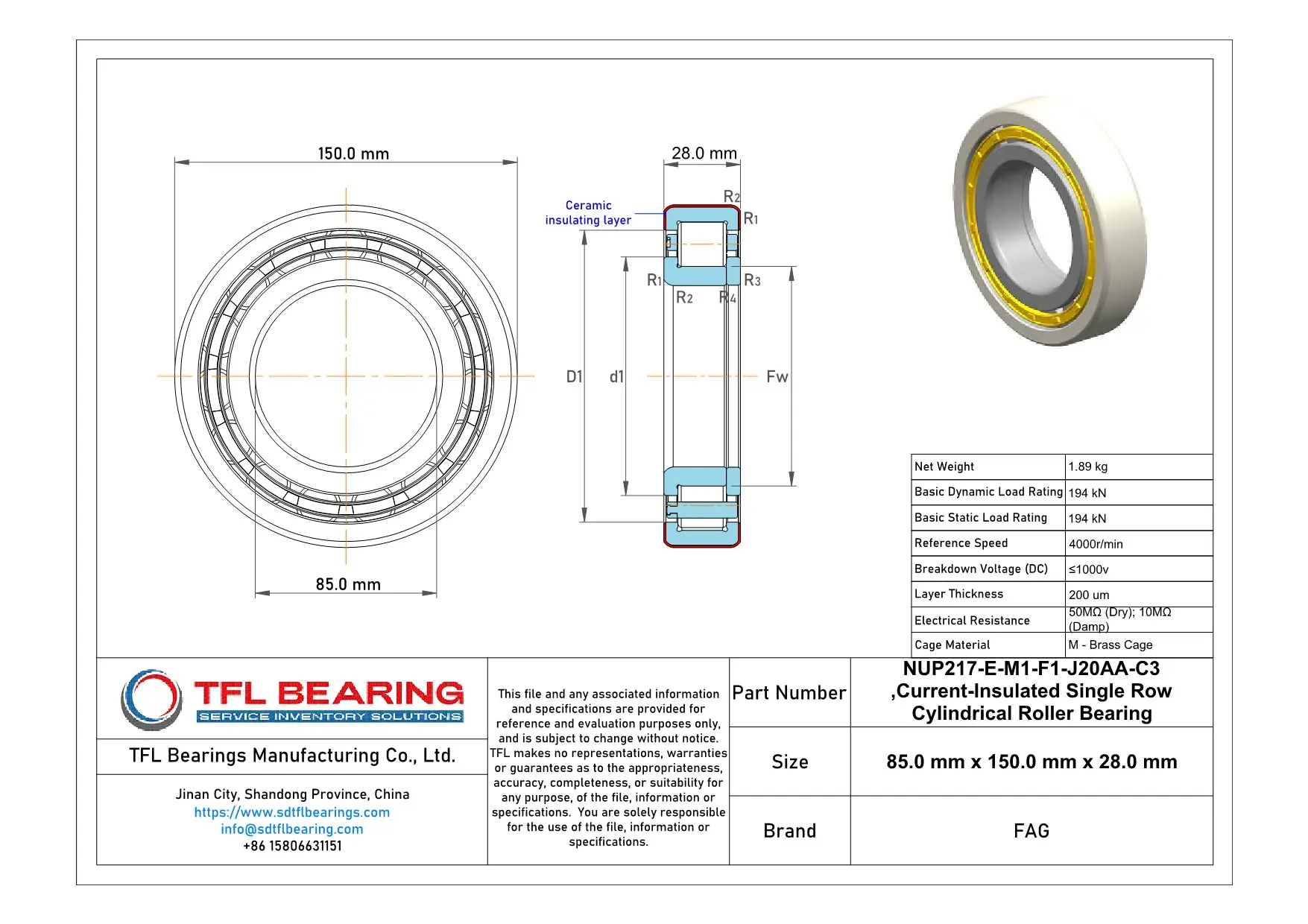 FAG Current-Insulated Single Row Cylindrical Roller Bearing NUP217-E-M1-F1-J20AA-C3 Drawing.dwg