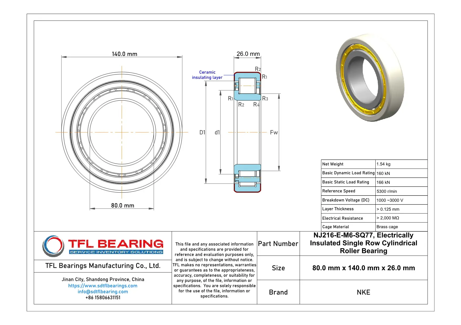 NKE Electrically Insulated Single Row Cylindrical Roller Bearing  NJ216-E-M6-SQ77 Drawing.dwg