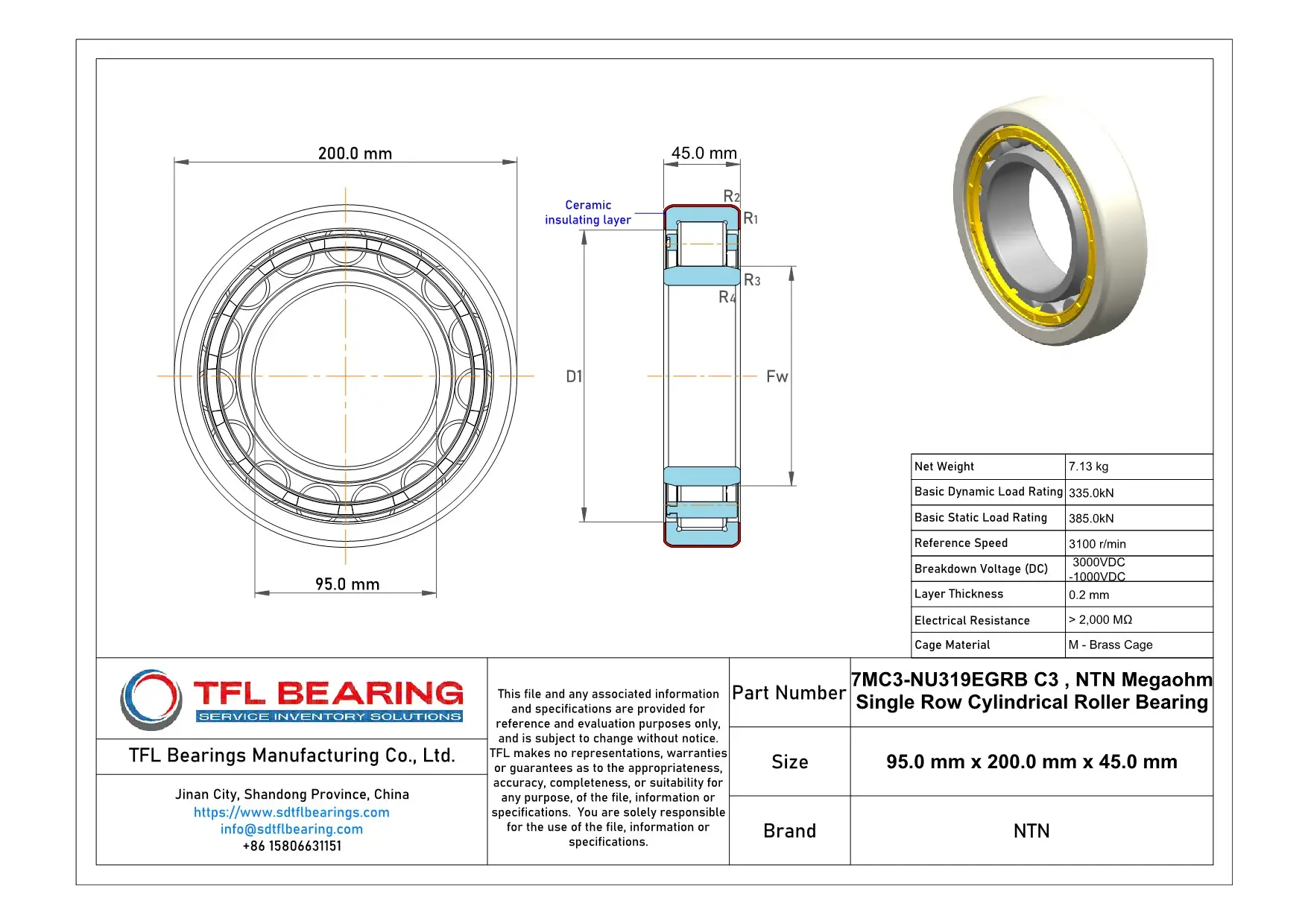 NTN Megaohm Single Row Cylindrical Roller Bearing 7MC3-NU319EGRB C3 Drawing.dwg