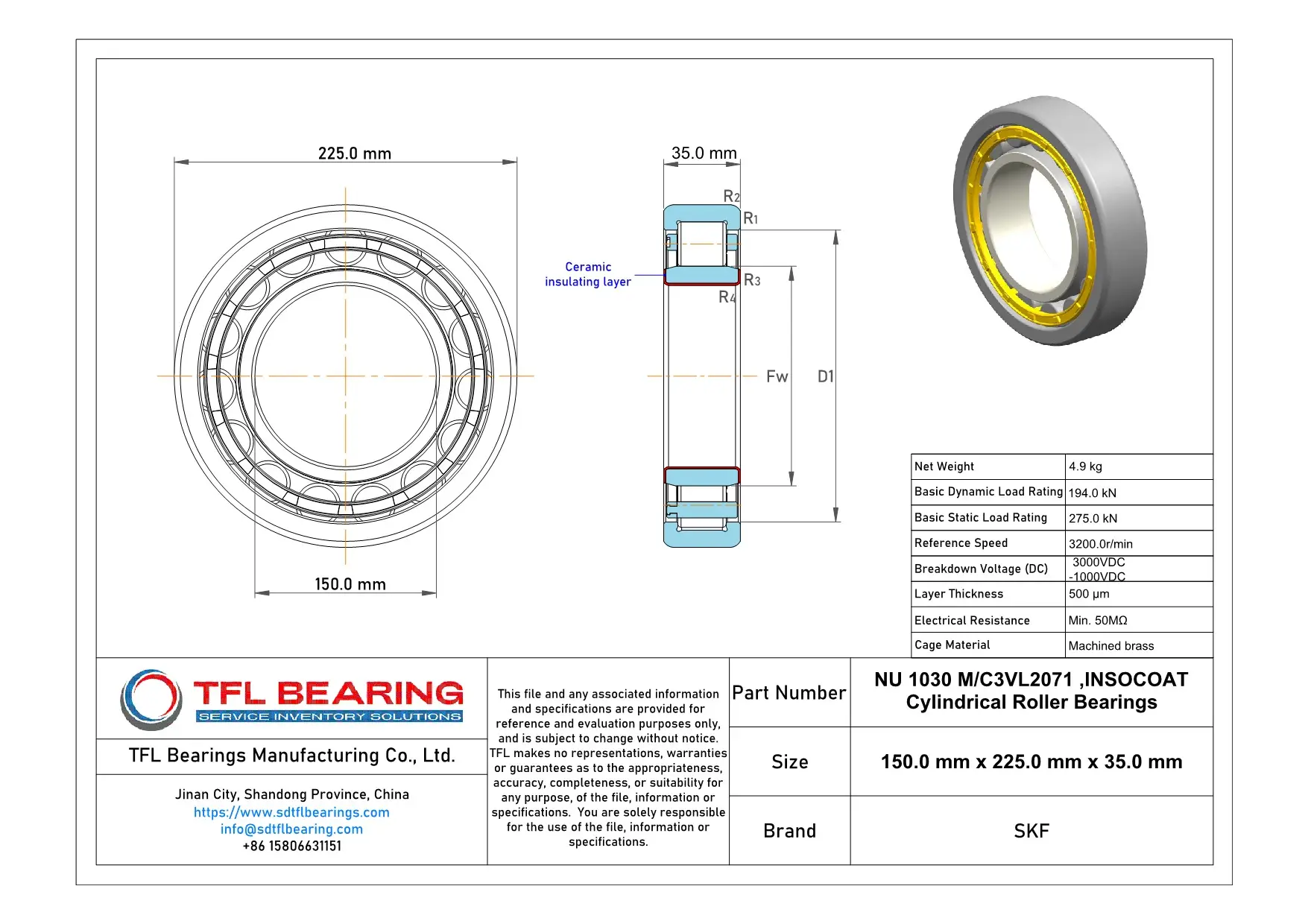 SKF INSOCOAT Cylindrical Roller Bearings NU 1030 M/C3VL2071 Drawing.dwg