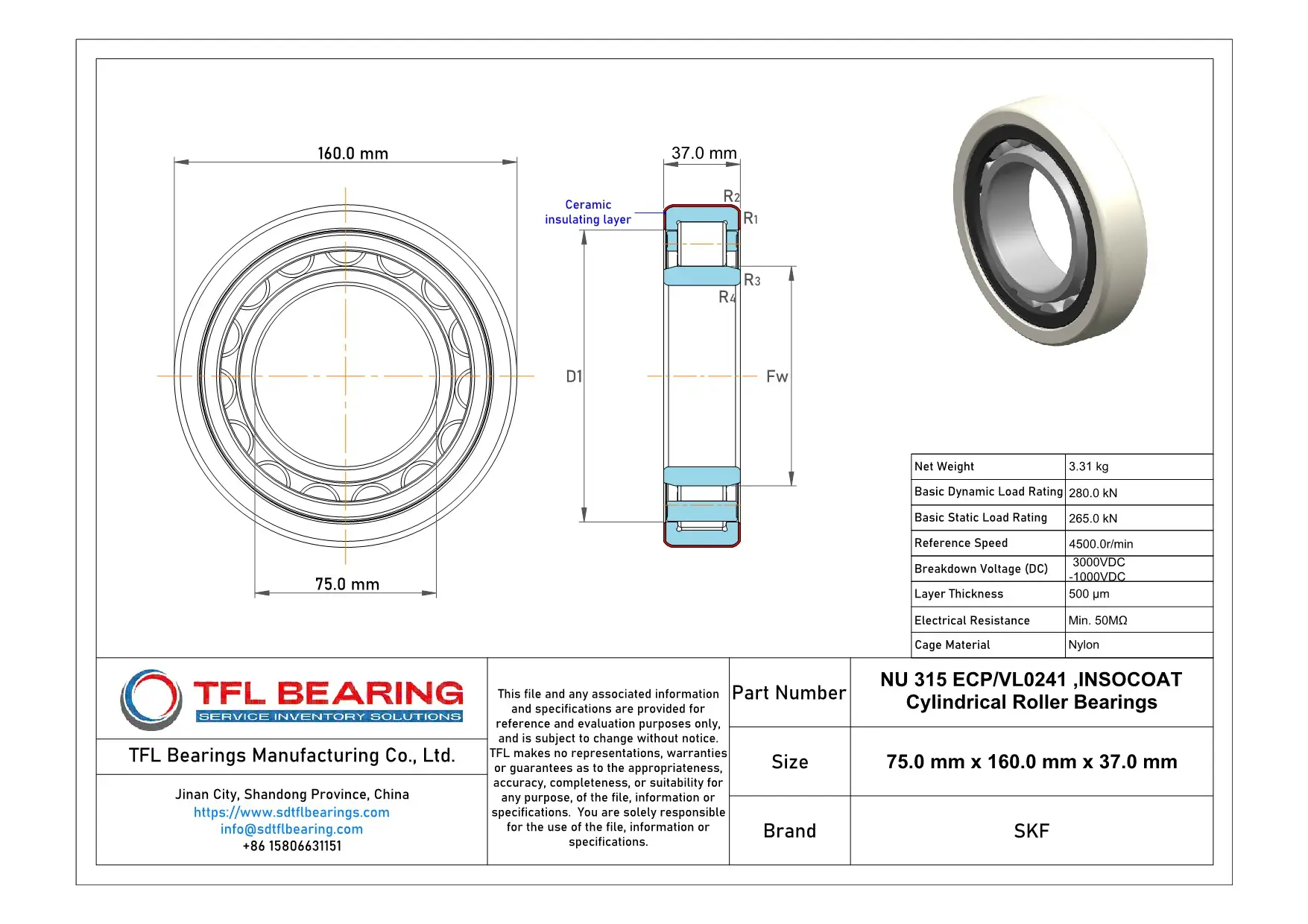 SKF INSOCOAT Cylindrical Roller Bearings NU 315 ECP/VL0241 Drawing.dwg