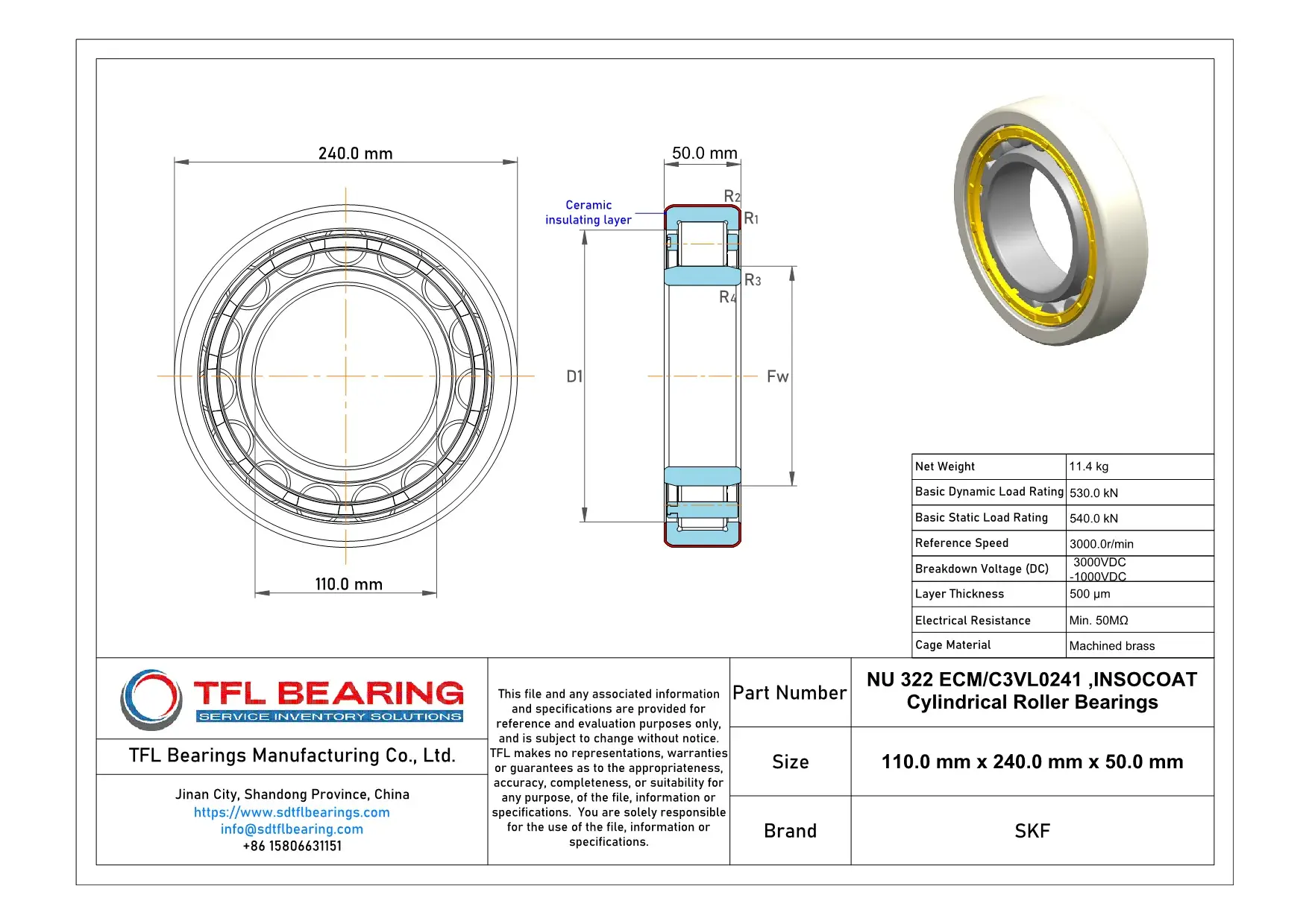 SKF INSOCOAT Cylindrical Roller Bearings NU 322 ECM/C3VL0241 Drawing.dwg