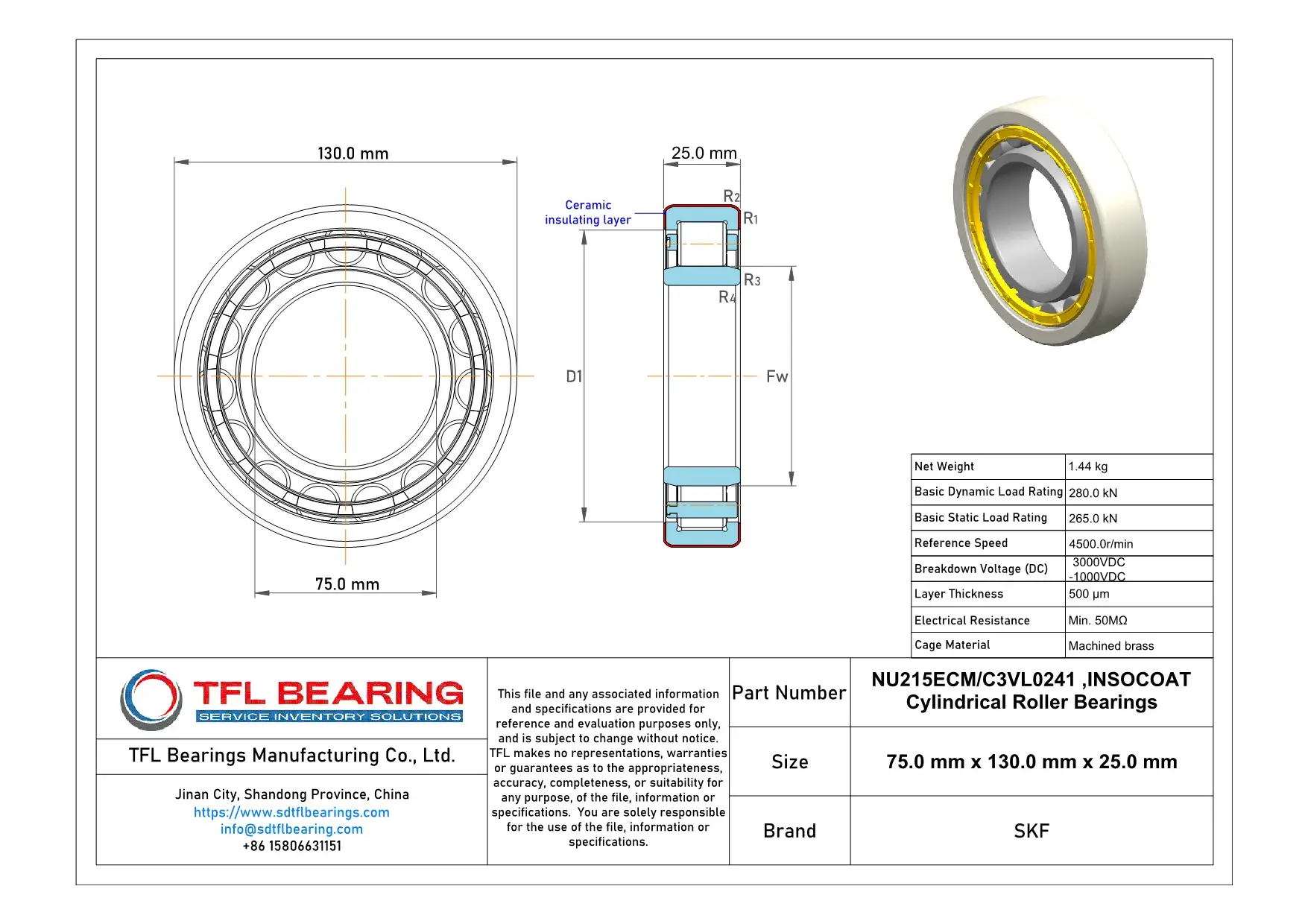 SKF INSOCOAT Cylindrical Roller Bearings NU215ECM/C3VL0241 Drawing.dwg