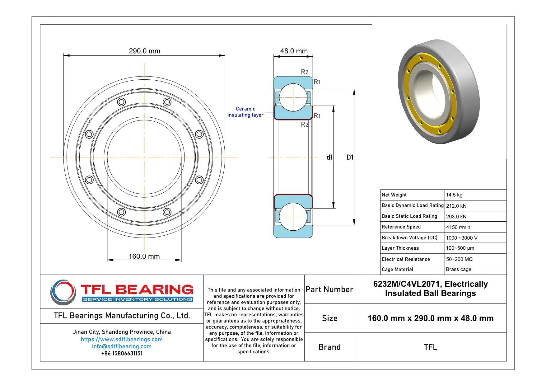 Electrically Insulated Ball Bearings 6232M/C4VL2071 Drawing.dwg