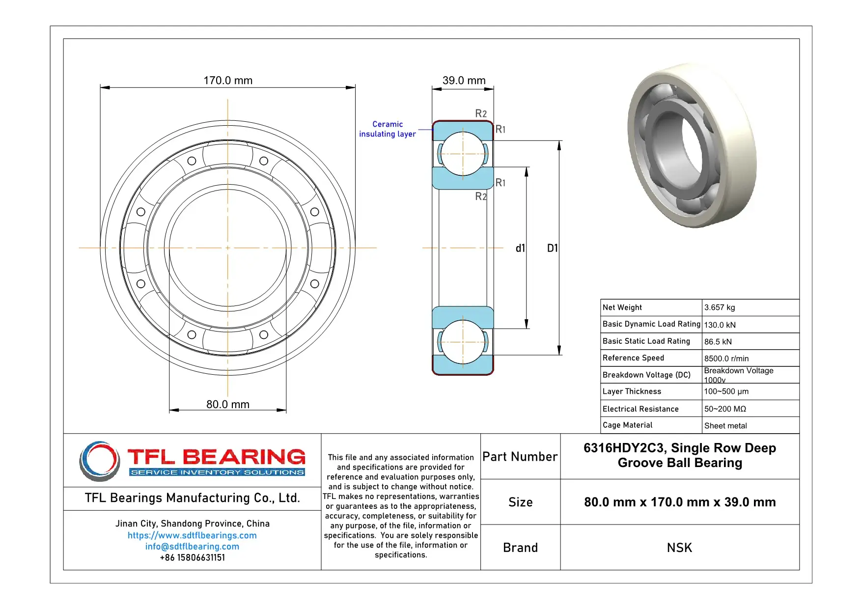 NSK Ceramic-Coated Insulated Ball Bearings 6316HDY2C3 Drawing.dwg