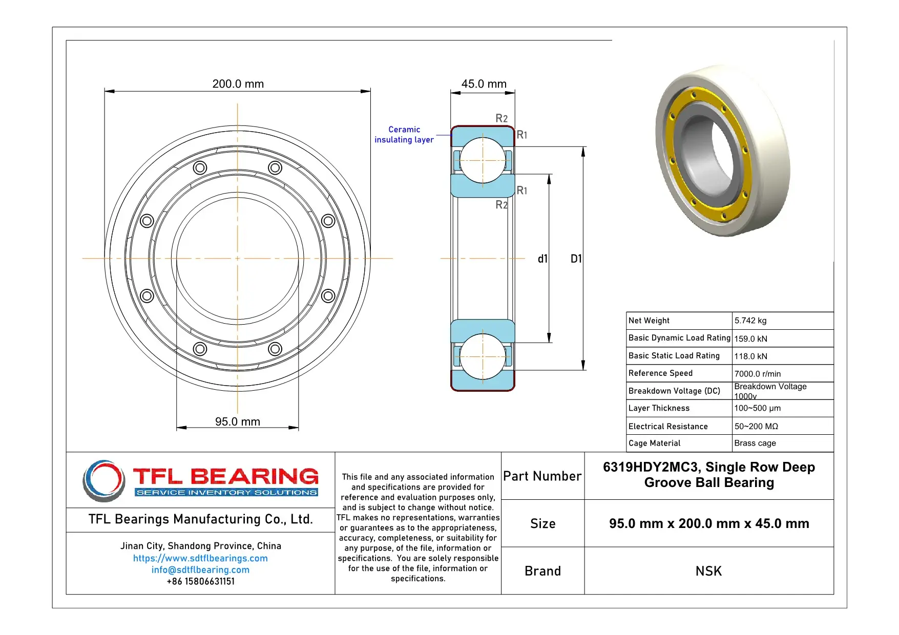 NSK Ceramic-Coated Insulated Ball Bearings 6319HDY2MC3 Drawing.dwg