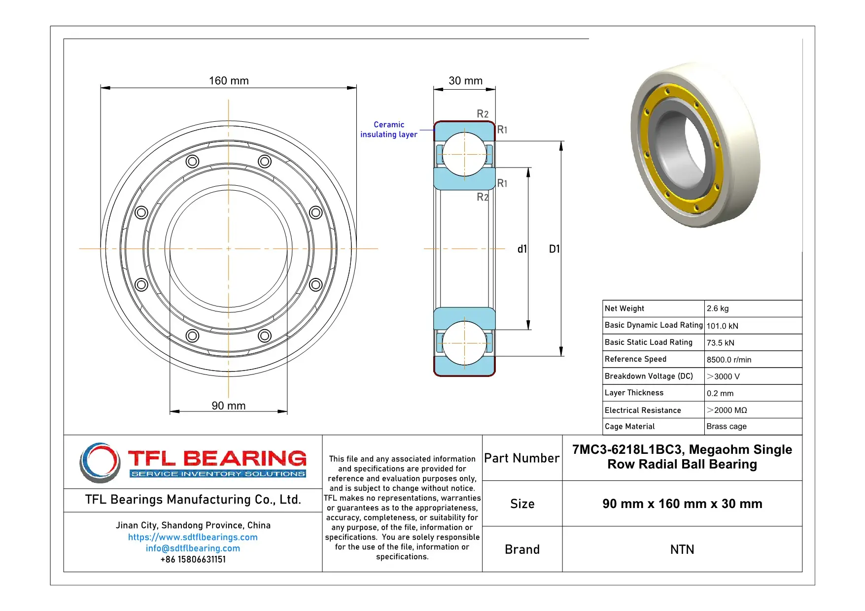 NTN MEGAOHM Series Insulated Ball Bearings 7MC3-6218L1BC3 Drawing.dwg