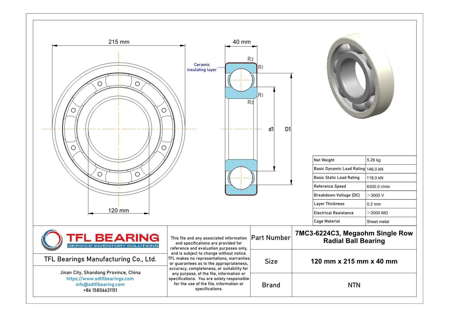 NTN MEGAOHM Series Insulated Ball Bearings 7MC3-6224C3 Drawing.dwg