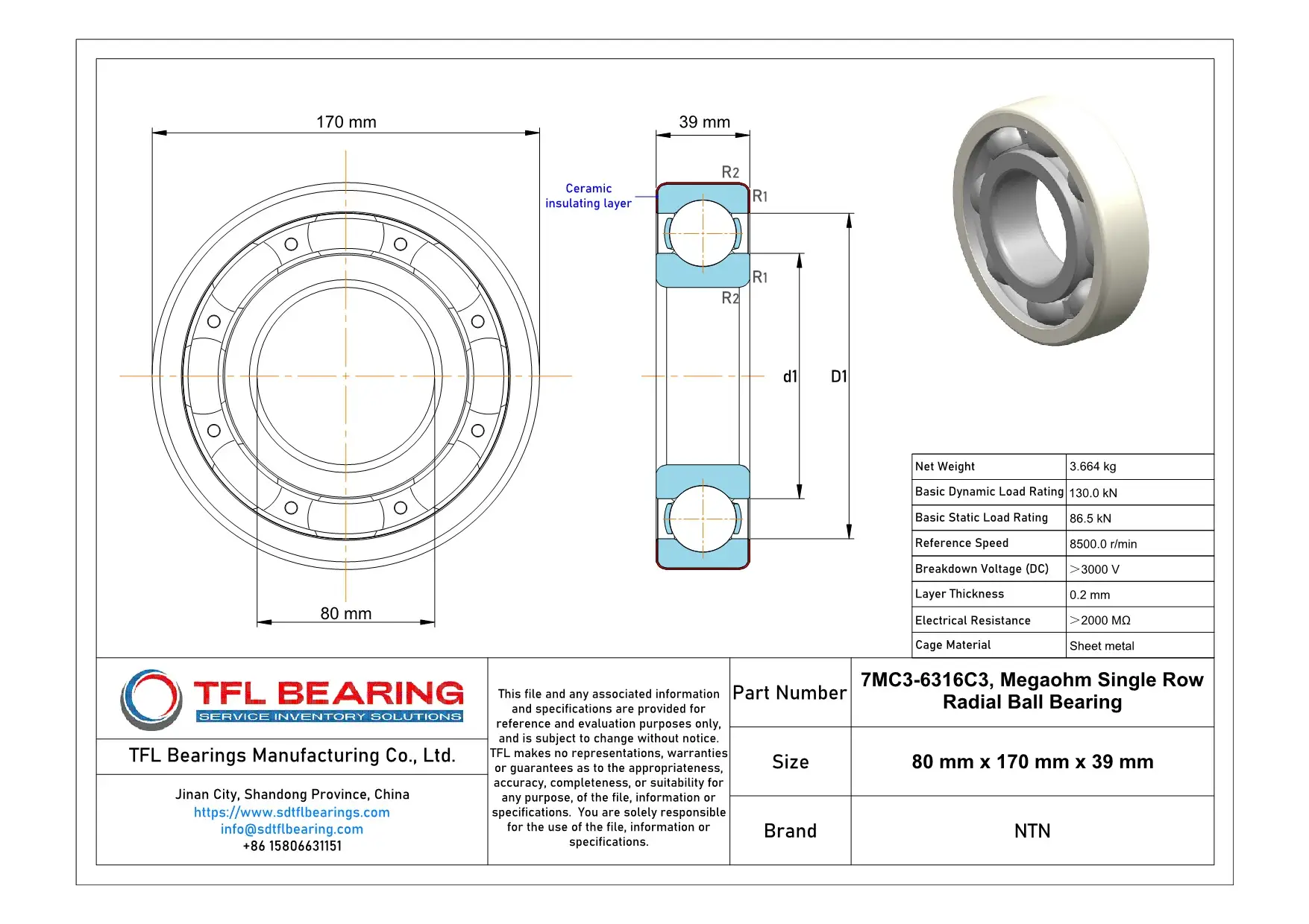 NTN MEGAOHM Series Insulated Ball Bearings 7MC3-6316C3 Drawing.dwg