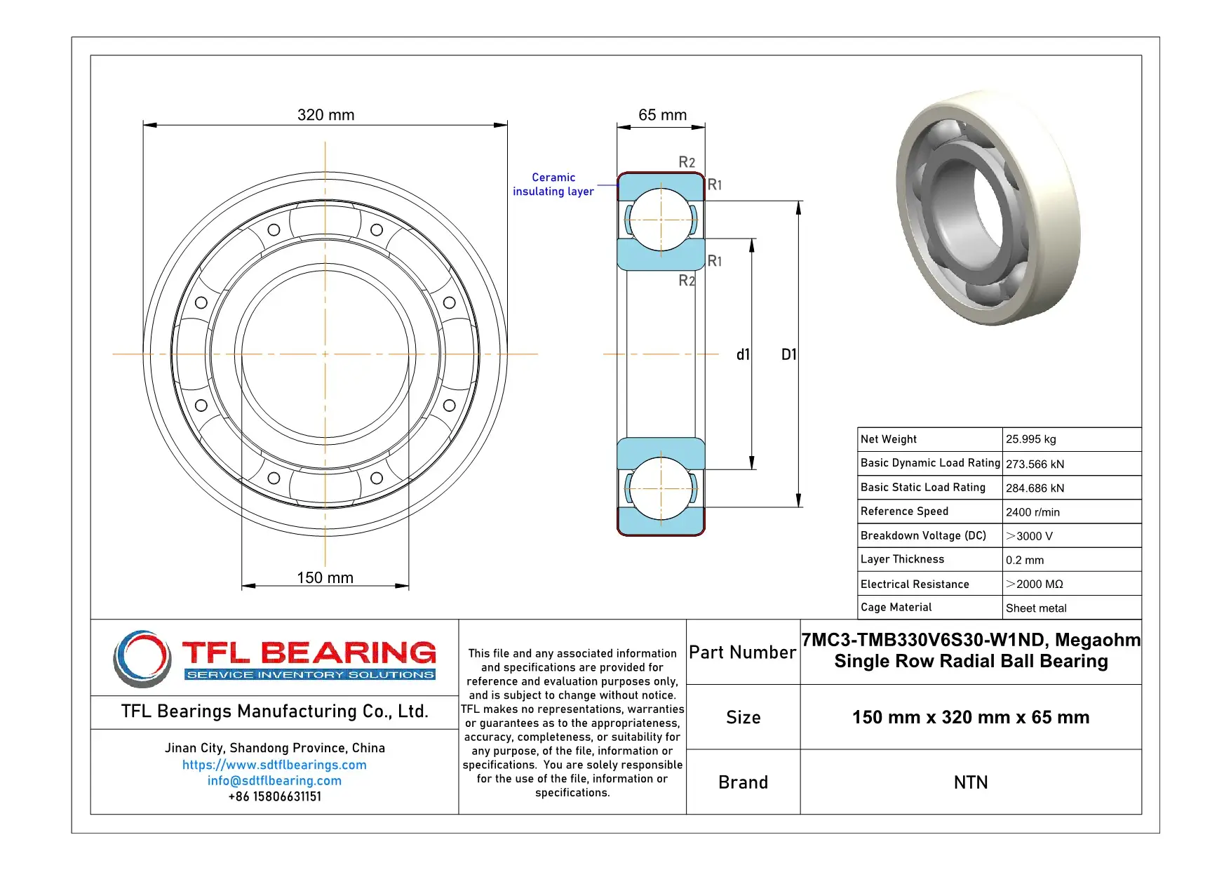 NTN MEGAOHM Series Insulated Ball Bearings 7MC3-TMB330V6S30-W1ND Drawing.dwg