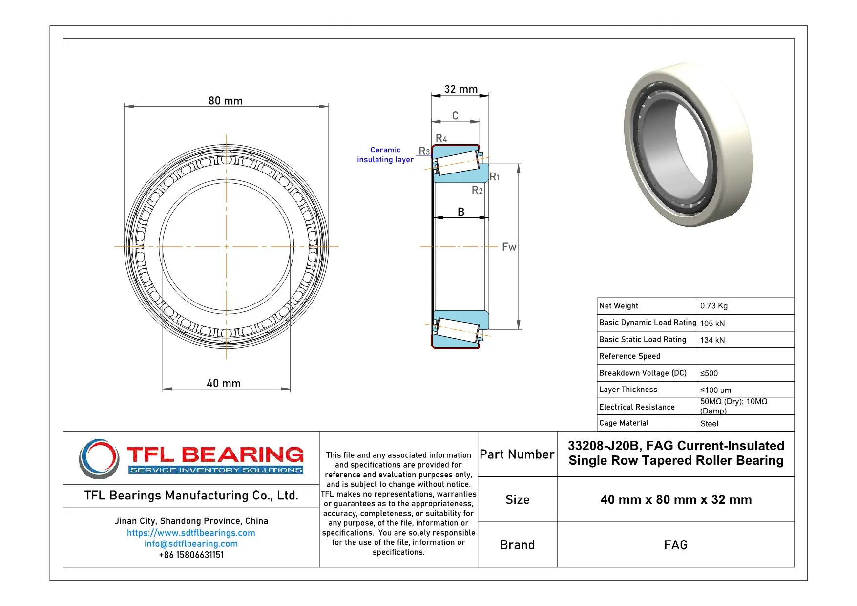 FAG Current-Insulated Single Row Tapered Roller Bearing 33208-J20B Drawing.dwg