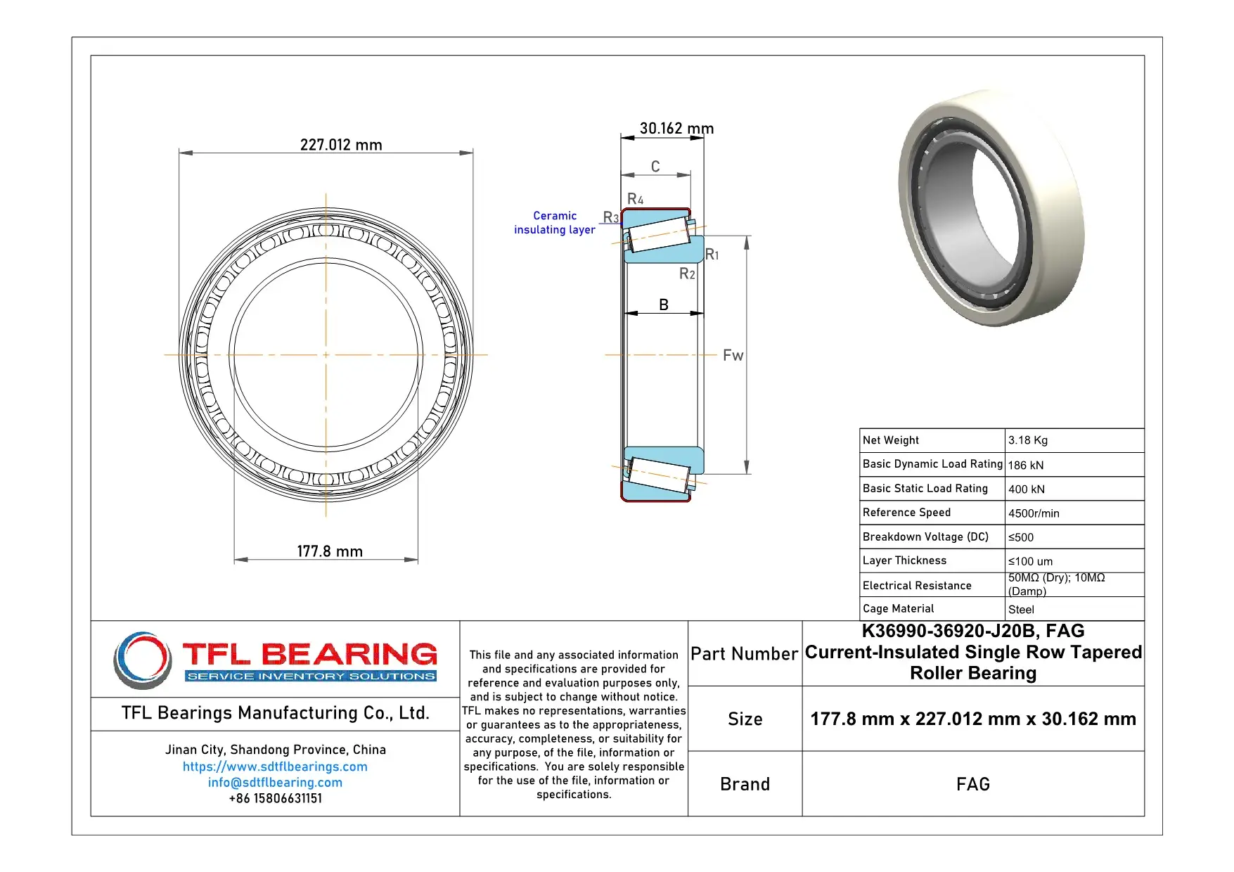 FAG Current-Insulated Single Row Tapered Roller Bearing K36990-36920-J20B Drawing.dwg