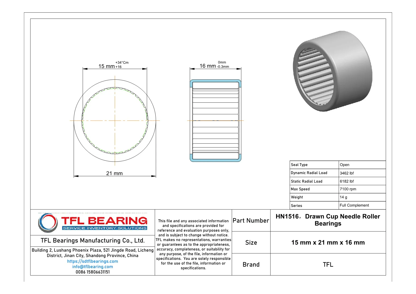 Drawn Cup Needle Roller Bearings HN1516 Drawing.dwg