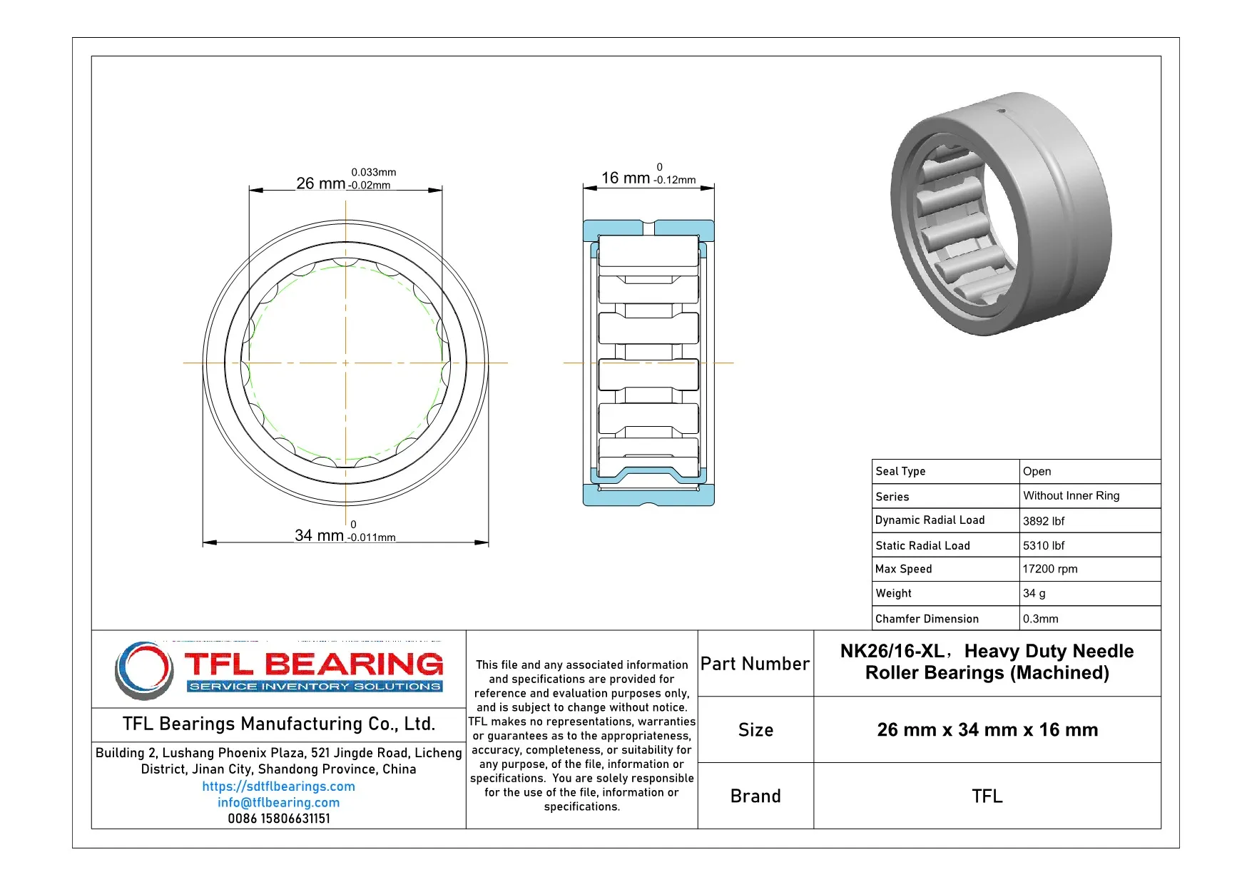 Heavy Duty Needle Roller Bearings (Machined) NK26/16-XL Drawing.dwg