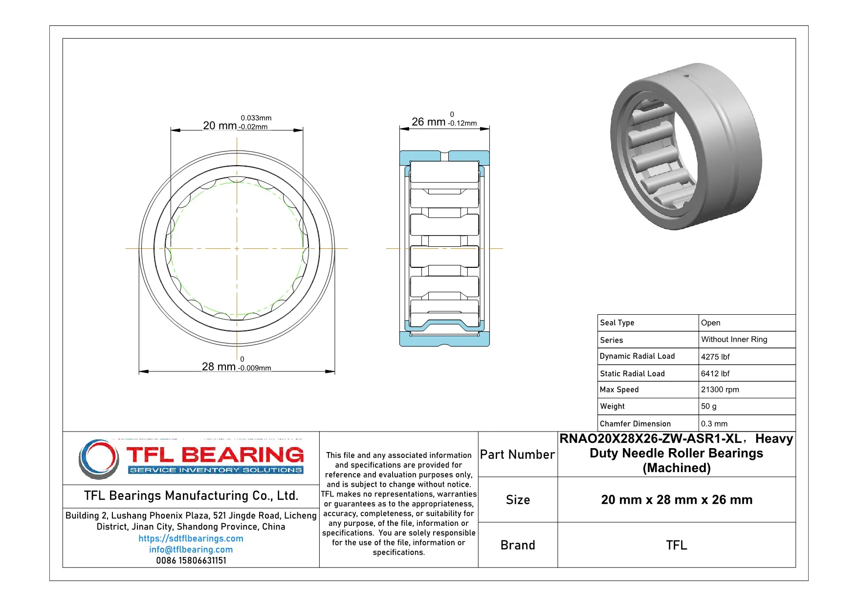 Heavy Duty Needle Roller Bearings (Machined) RNAO20X28X26-ZW-ASR1-XL Drawing.dwg