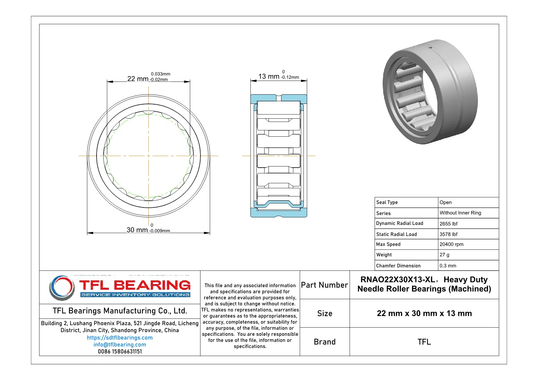Heavy Duty Needle Roller Bearings (Machined) RNAO22X30X13-XL Drawing.dwg